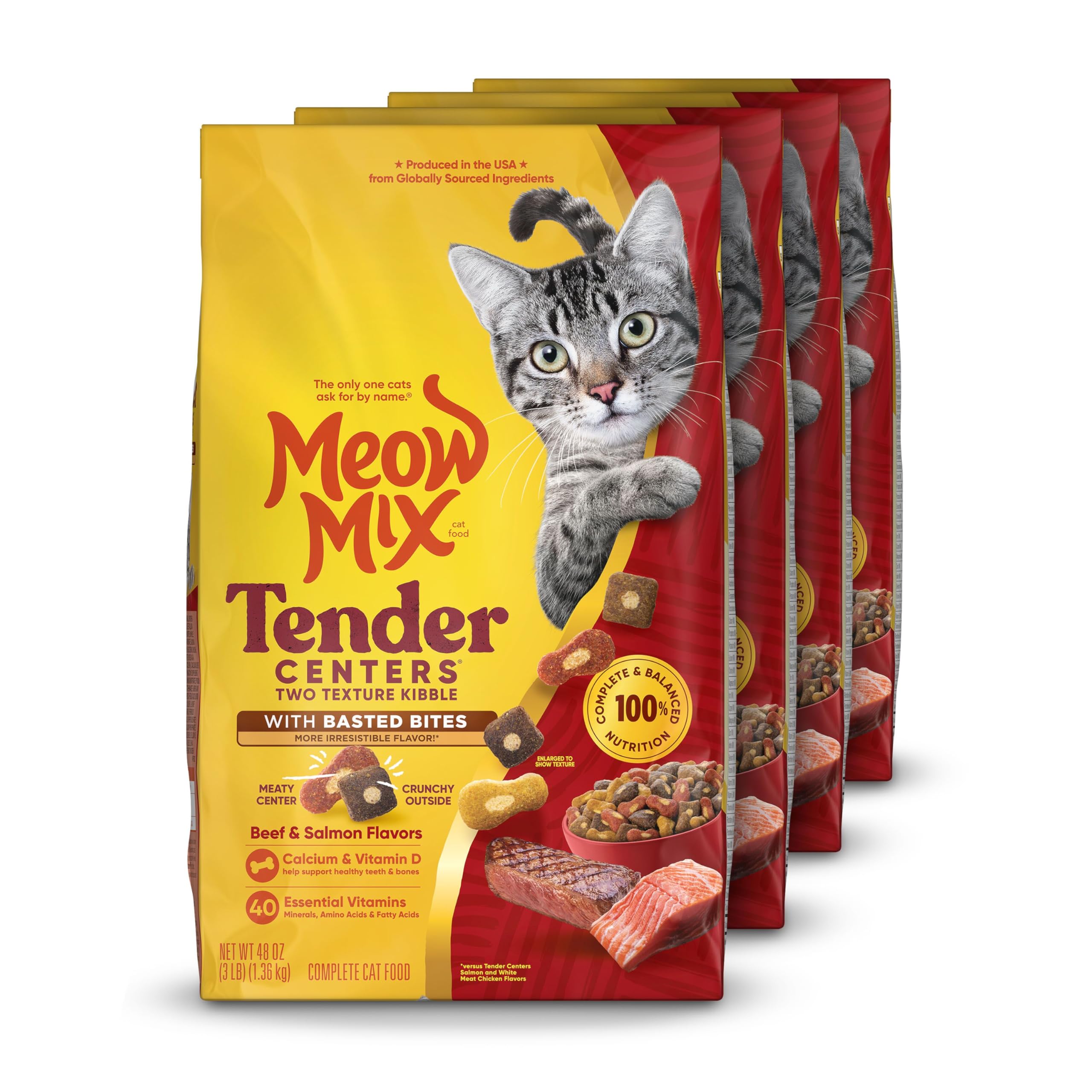 Meow Mix Tender Centers beef bag front; flavor variety for picky eaters