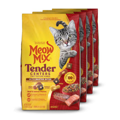 Meow Mix Tender Centers beef bag front; flavor variety for picky eaters