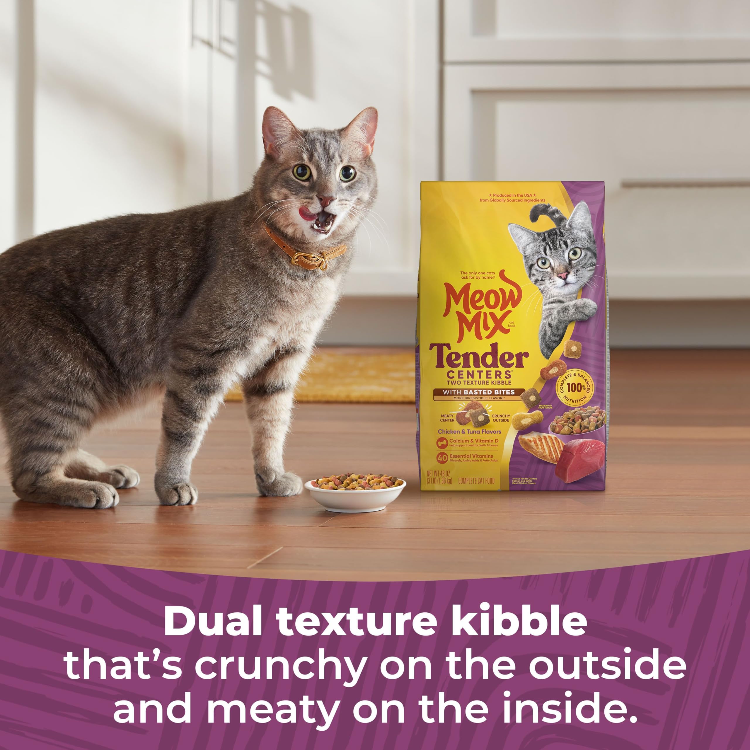 Meow Mix Tender Centers Basted Bites texture close-up highlighting extra flavor