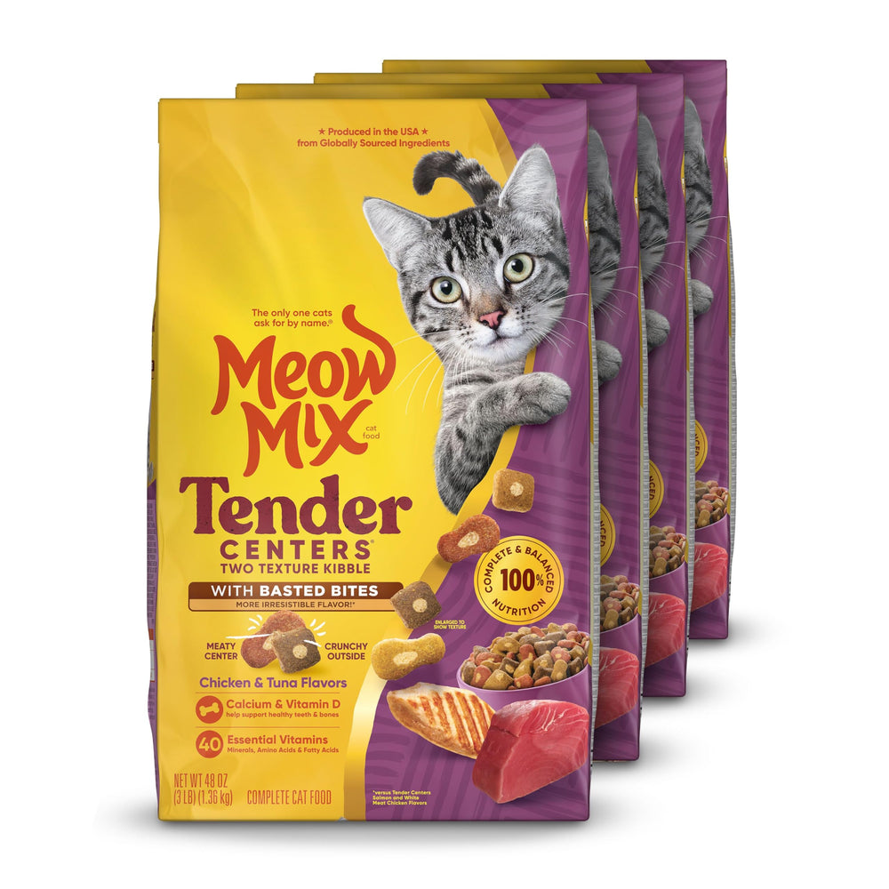 Meow Mix Tender Centers with Basted Bites packaging highlighting complete adult cat nutrition