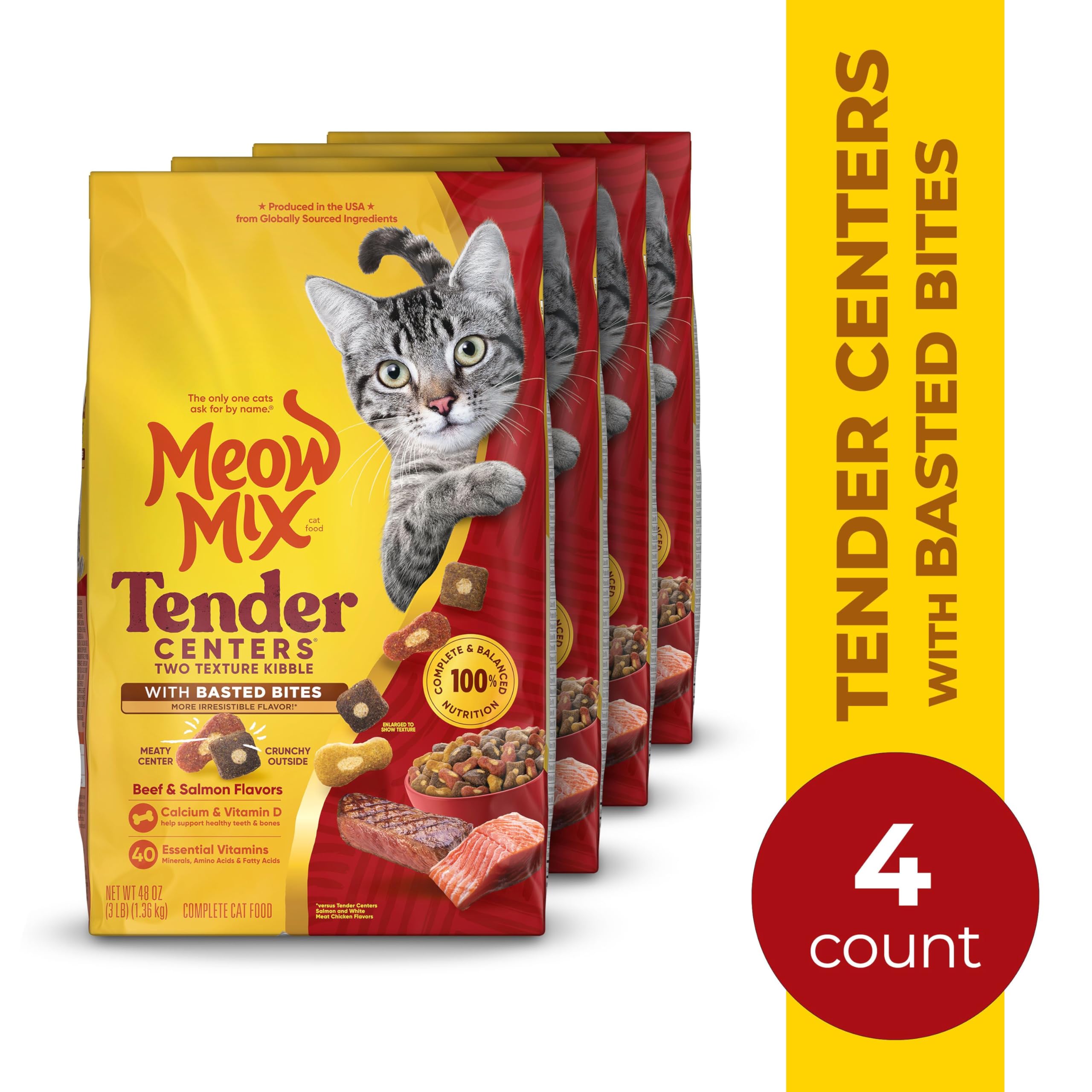 Meow Mix Tender Centers salmon bag front; savory seafood flavor for cats