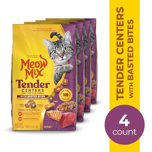 Meow Mix Tender Centers close-up shows two-texture kibble with meaty center