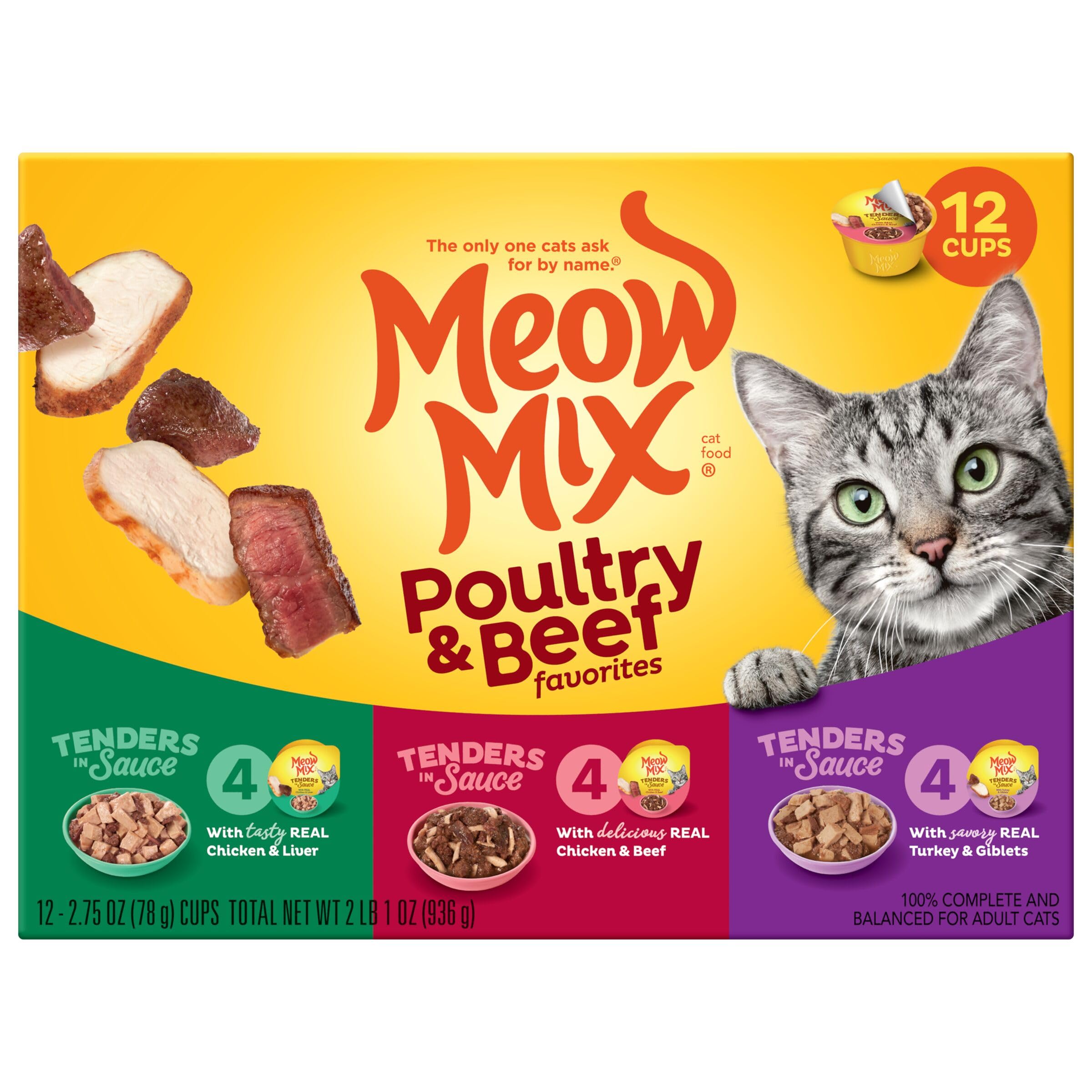 Meow Mix Tender cat enjoying a meal with savory sauce