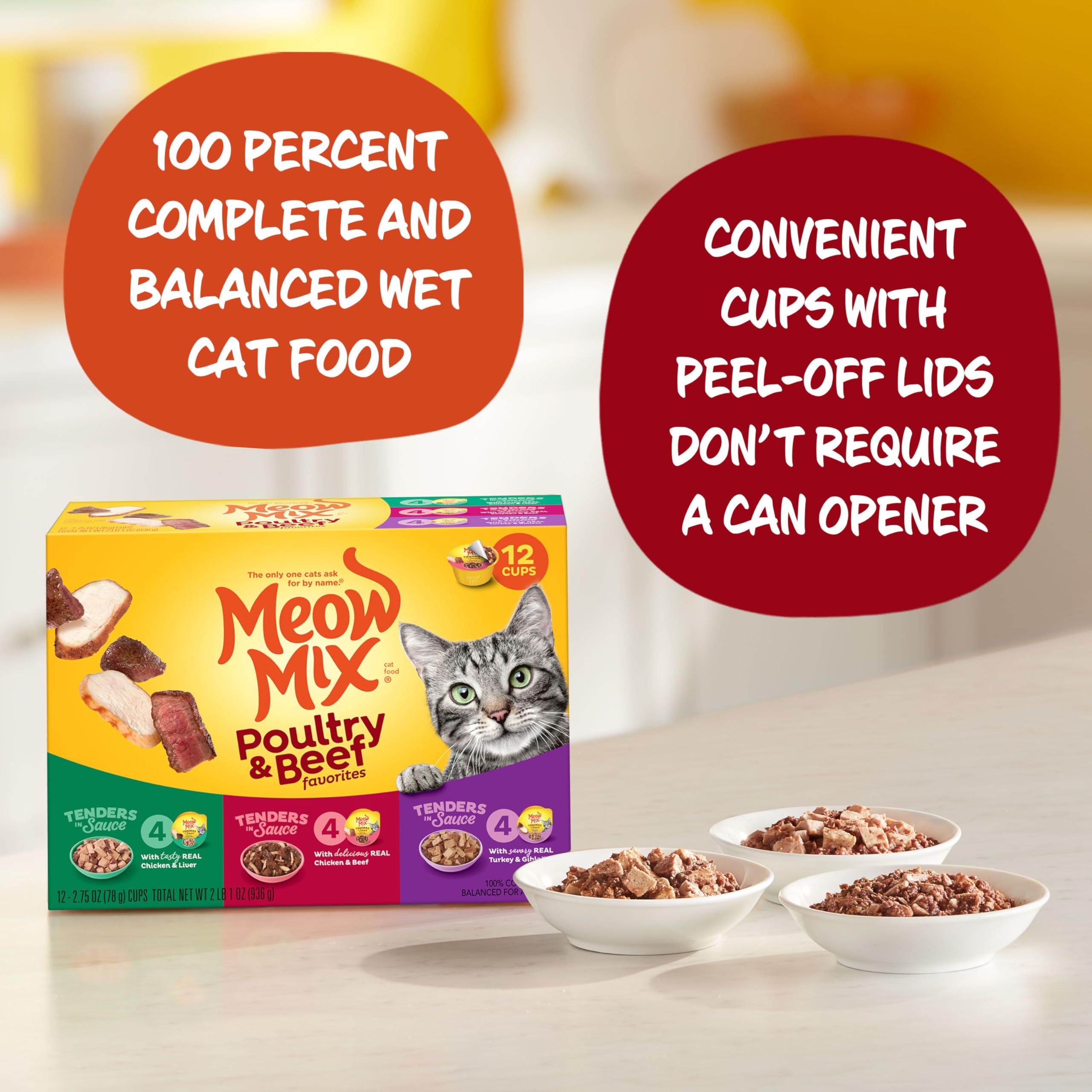 Meow Mix Tender Favorites chicken-beef-in-sauce cup for variety feeding