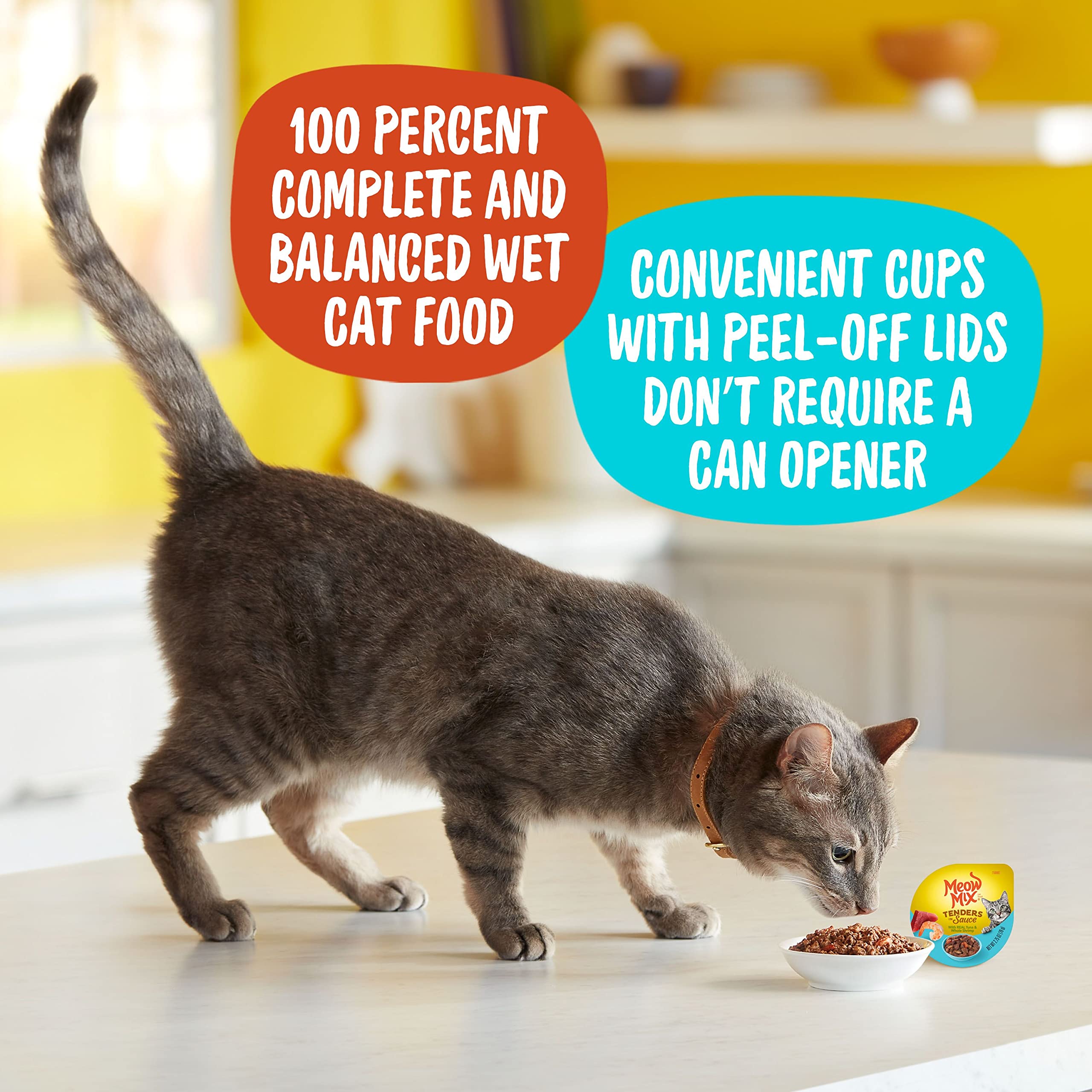 Meow Mix Tenders in Sauce offers ready-to-serve cups for mealtime