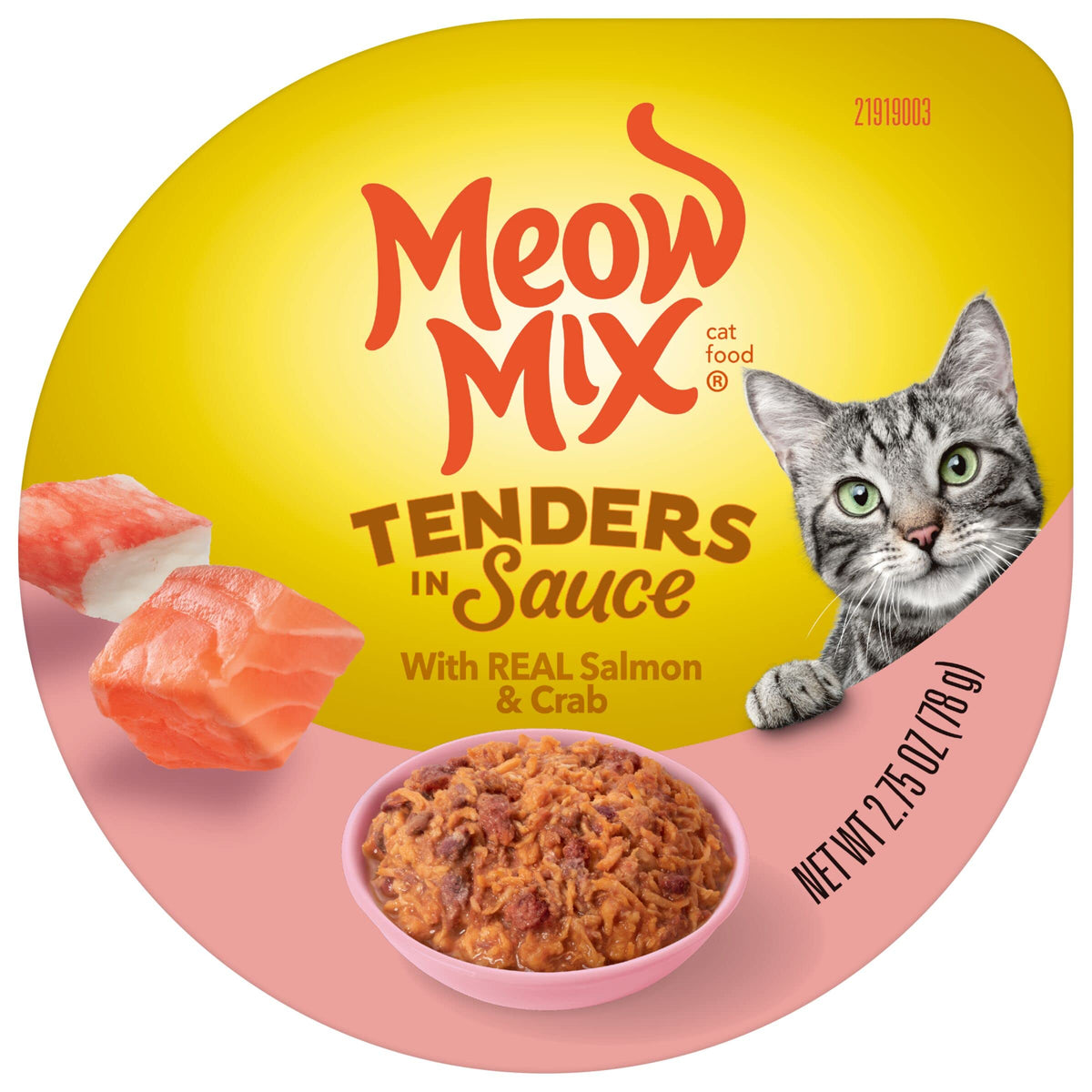 Meow Mix Tenders en Sauce cuve ouverte avec saumon et crabe prêt à servir