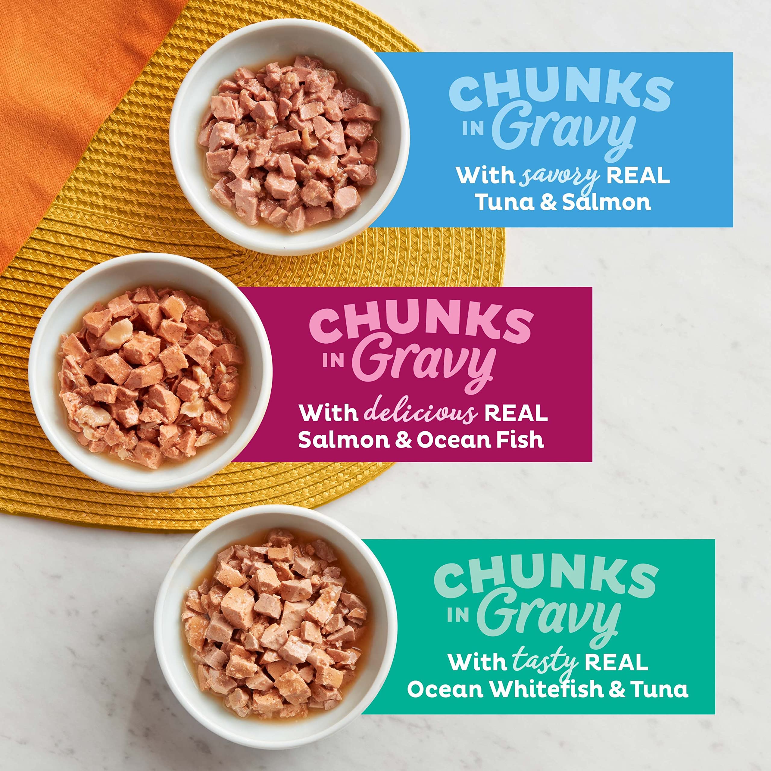 Meow Mix Tuna & Salmon cups showcase balanced nutrition across life stages.