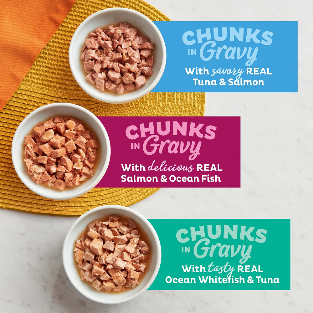 Meow Mix Tuna & Salmon cups showcase balanced nutrition across life stages.