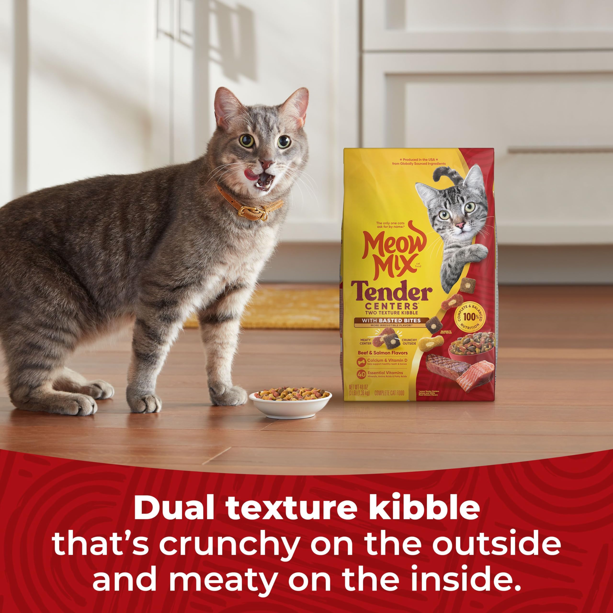 Meow Mix two-texture kibble closeup; crunchy outer layer with soft center