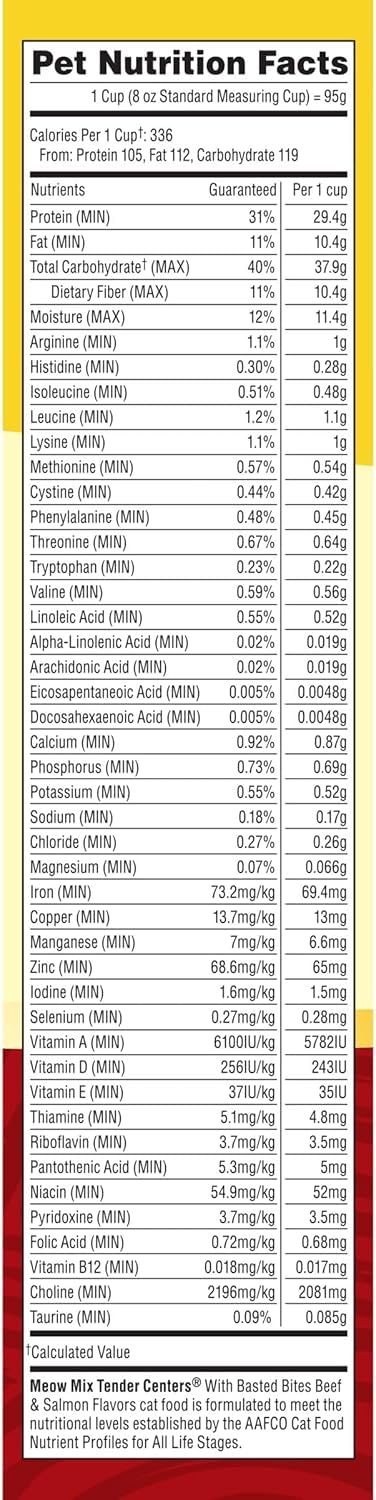 Meow Mix USA-made ingredients label; quality sourcing for pet food