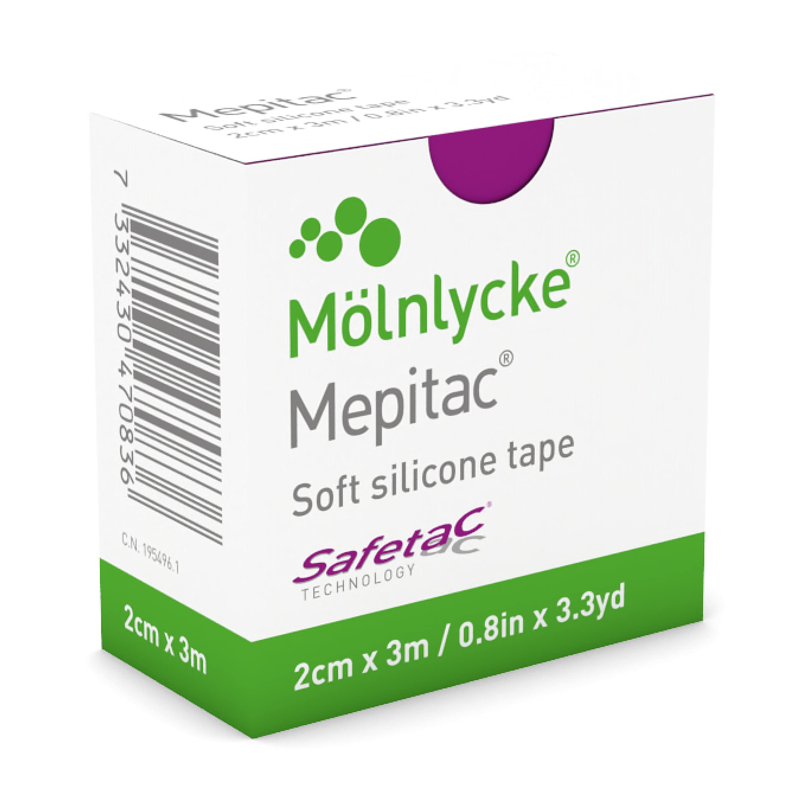 Mepitac Soft Silicone Tape packaging demonstrates gentle fixation for fragile skin