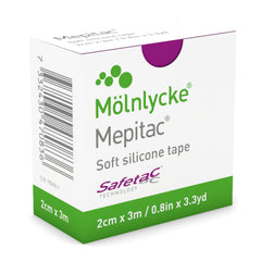 Mepitac Soft Silicone Tape packaging demonstrates gentle fixation for fragile skin