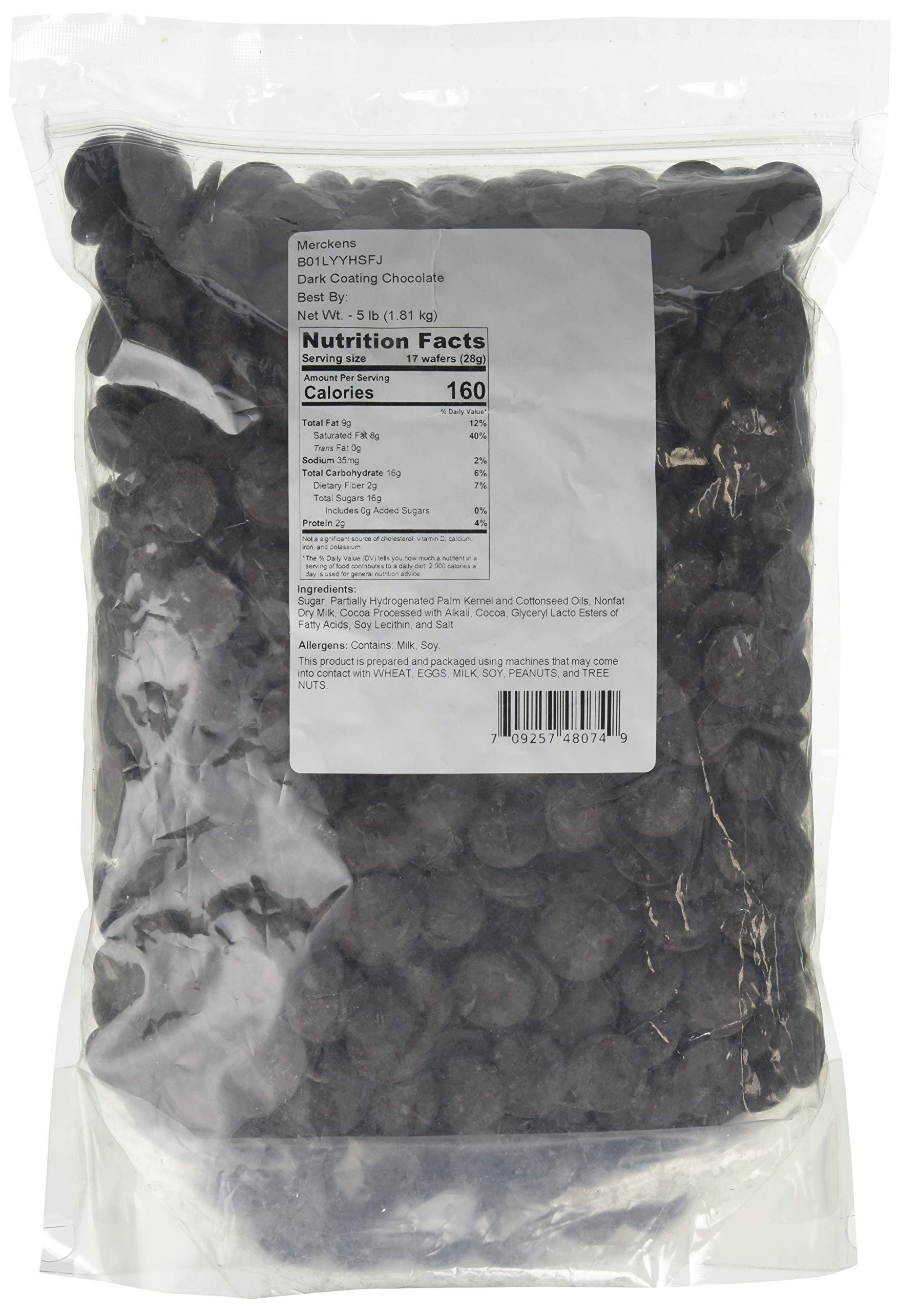 Merckens dark coating wafers in a 5 lb bag for easy candy making.