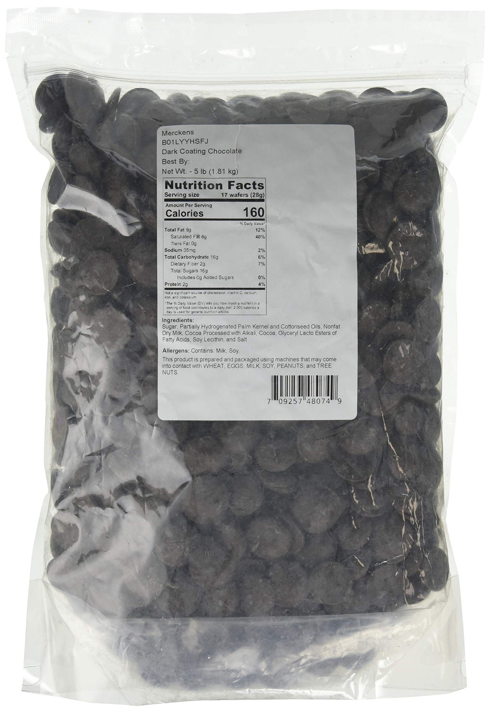 Merckens dark coating wafers in a 5 lb bag for easy candy making.