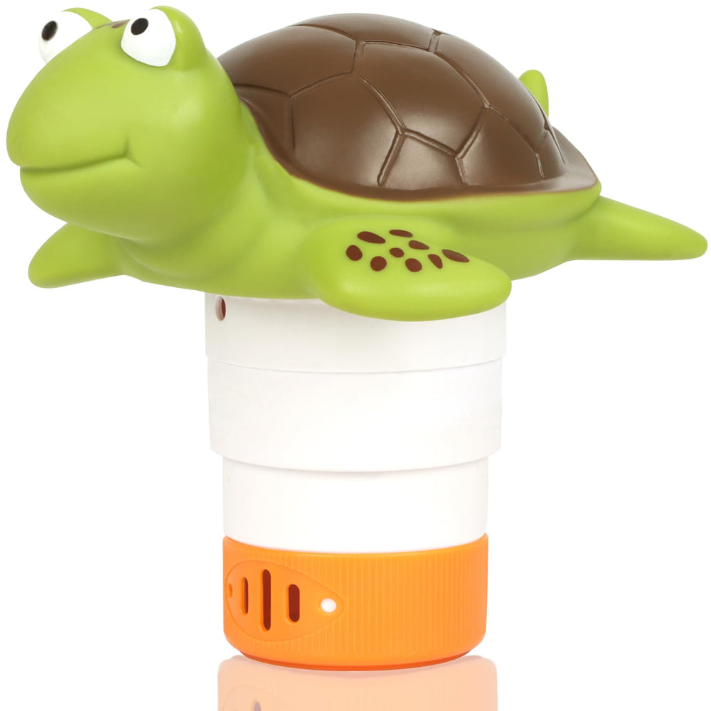 Merkia Turtle chlorine dispenser 1in on water surface provides steady dosing for small pools.