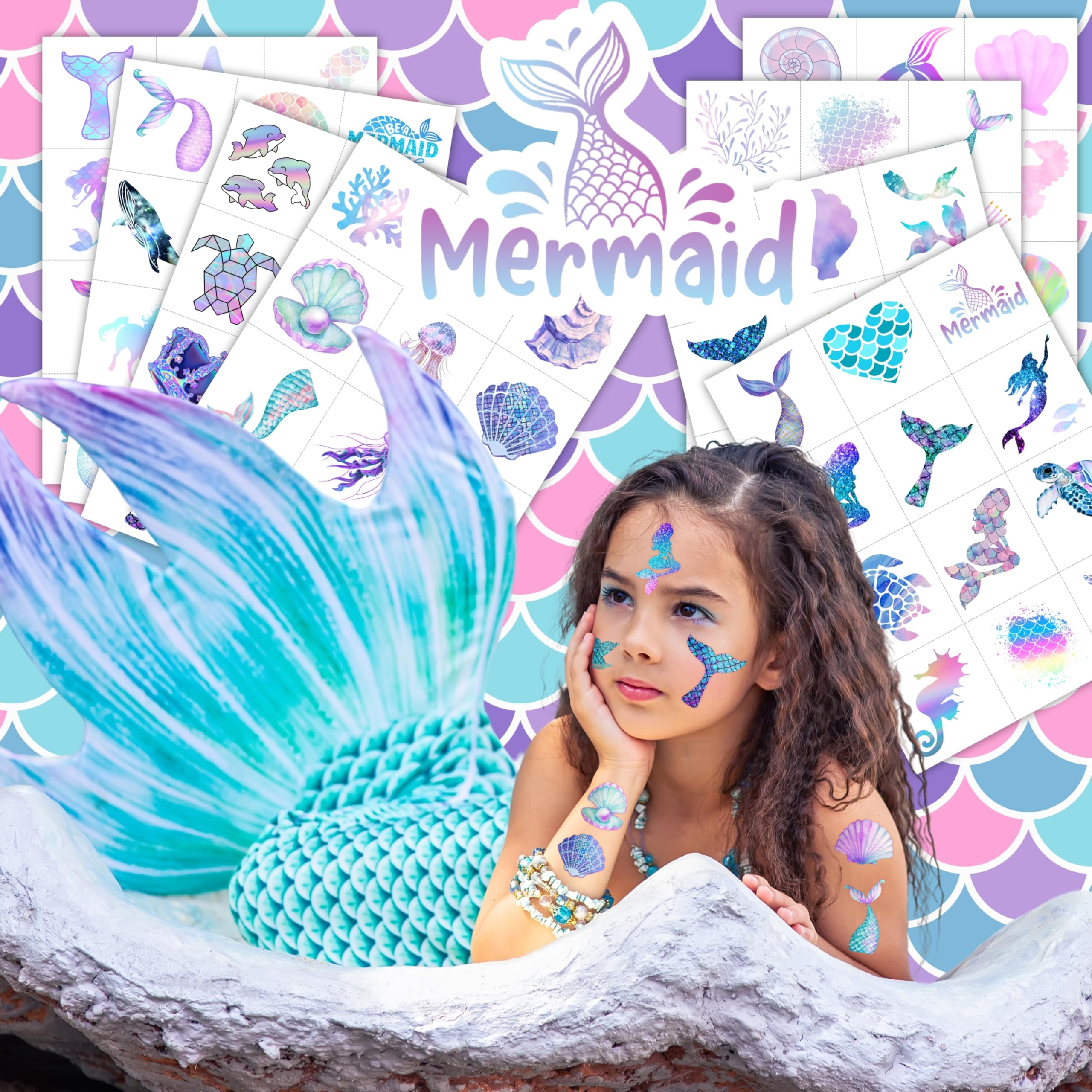 Mermaid 96PCS Pre-Cut Temporary Tattoos: 96 designs for ocean-themed celebrations.