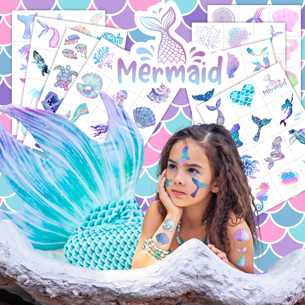Mermaid 96PCS Pre-Cut Temporary Tattoos: 96 designs for ocean-themed celebrations.