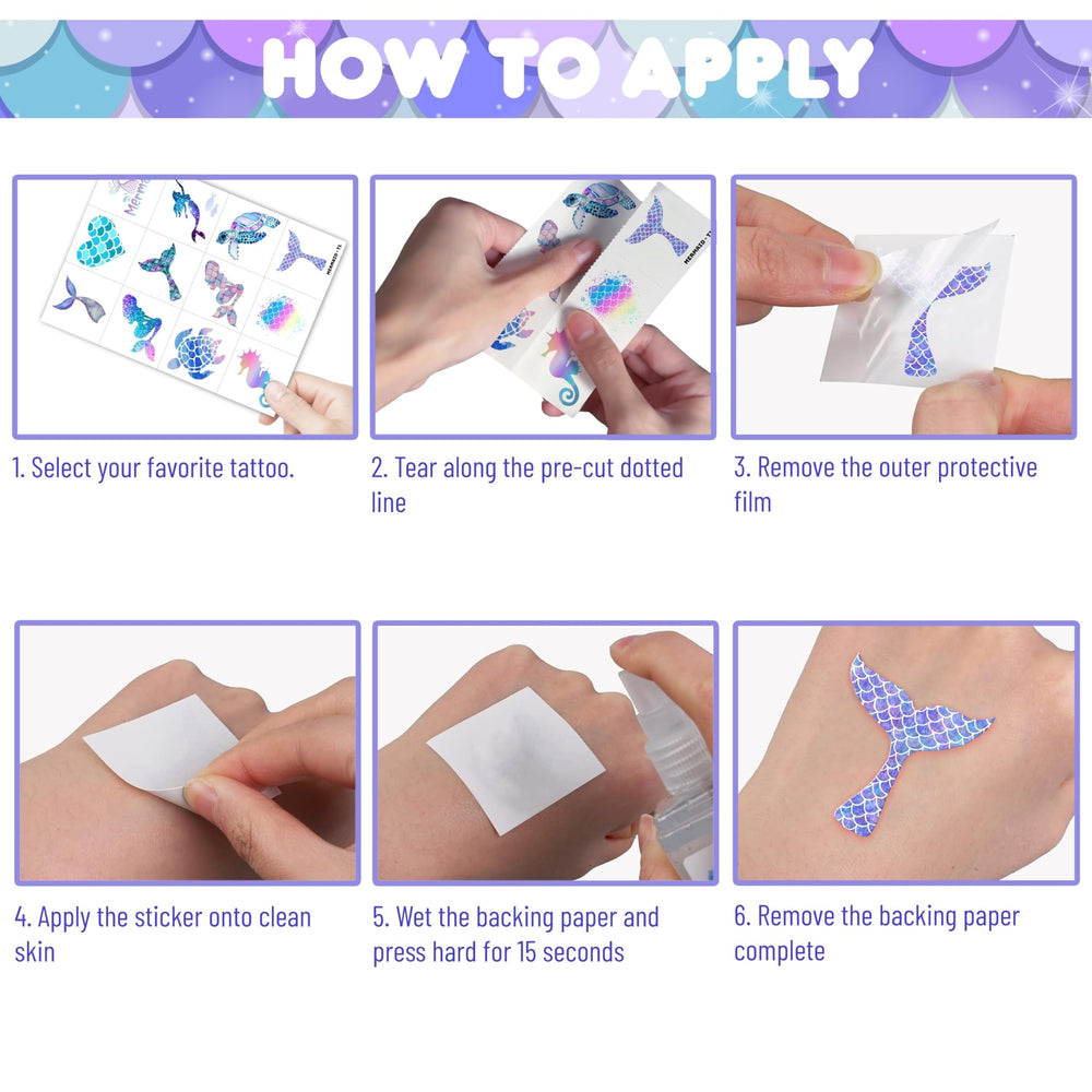 Mermaid 96PCS Pre-Cut Temporary Tattoos: simple application and removal on skin.