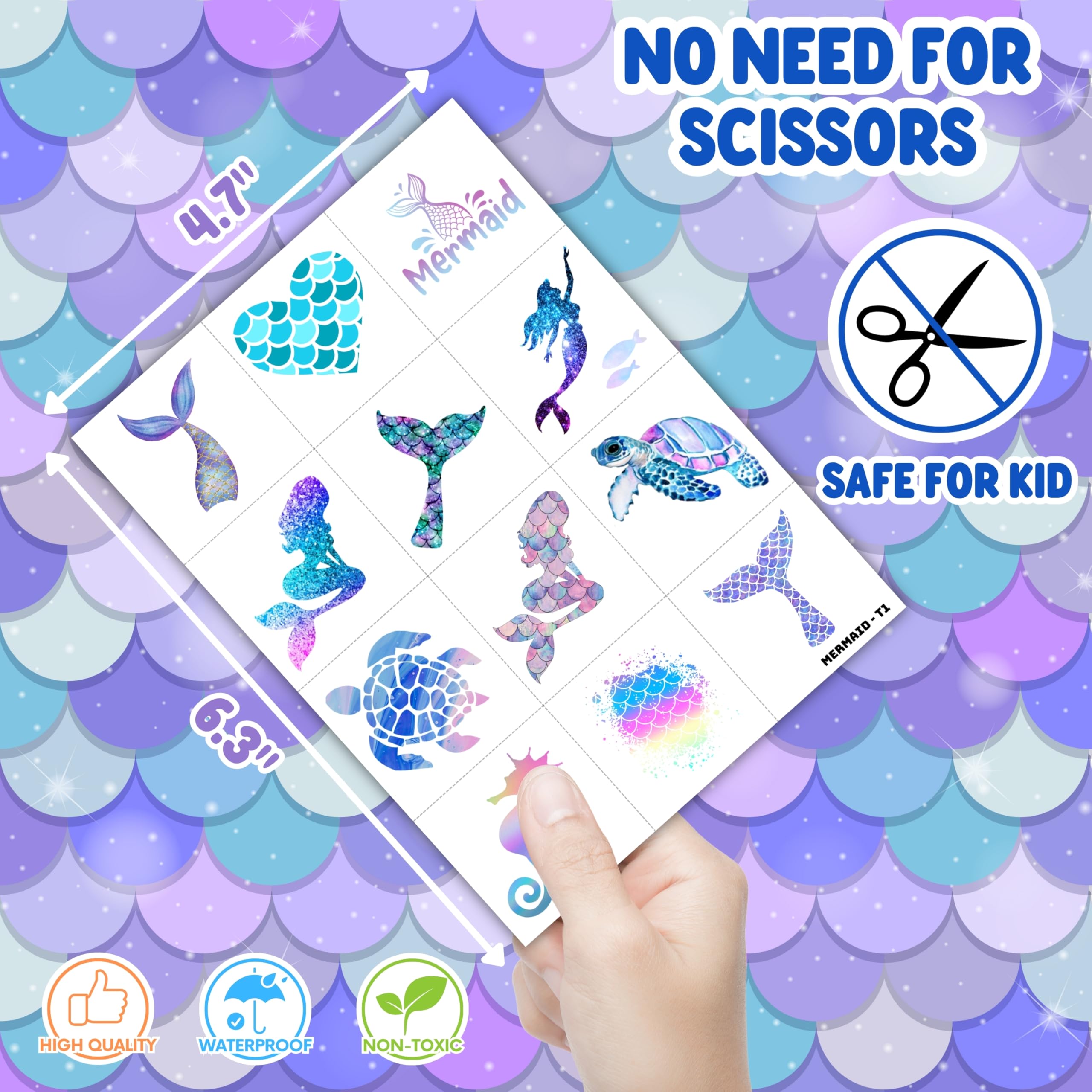 Mermaid 96PCS Pre-Cut Temporary Tattoos: eco-friendly, non-toxic materials for kids.