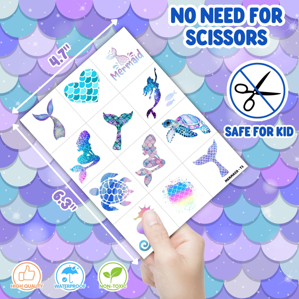 Mermaid 96PCS Pre-Cut Temporary Tattoos: eco-friendly, non-toxic materials for kids.