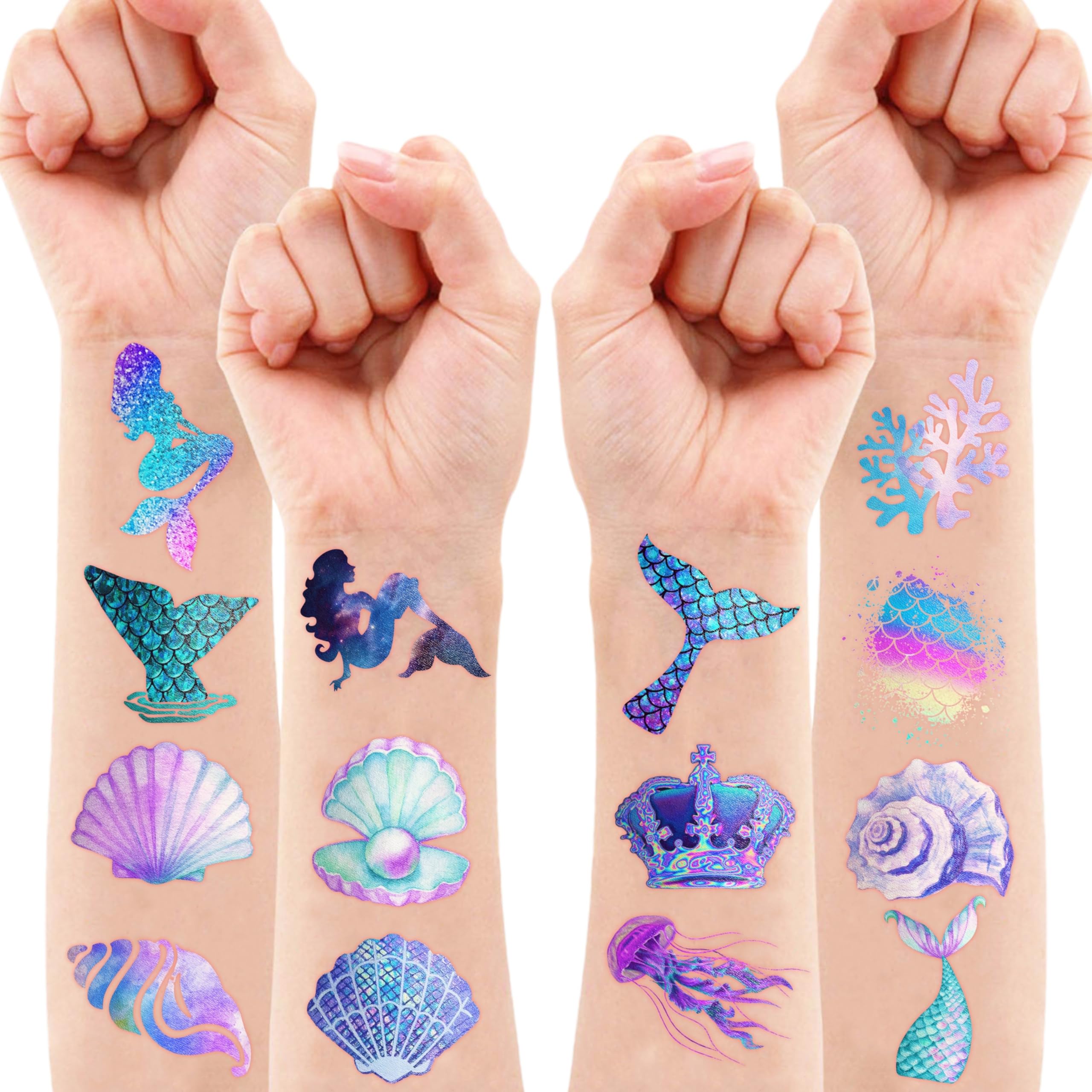 Mermaid 96PCS Pre-Cut Temporary Tattoos: versatile on skin, laptops, and bags.