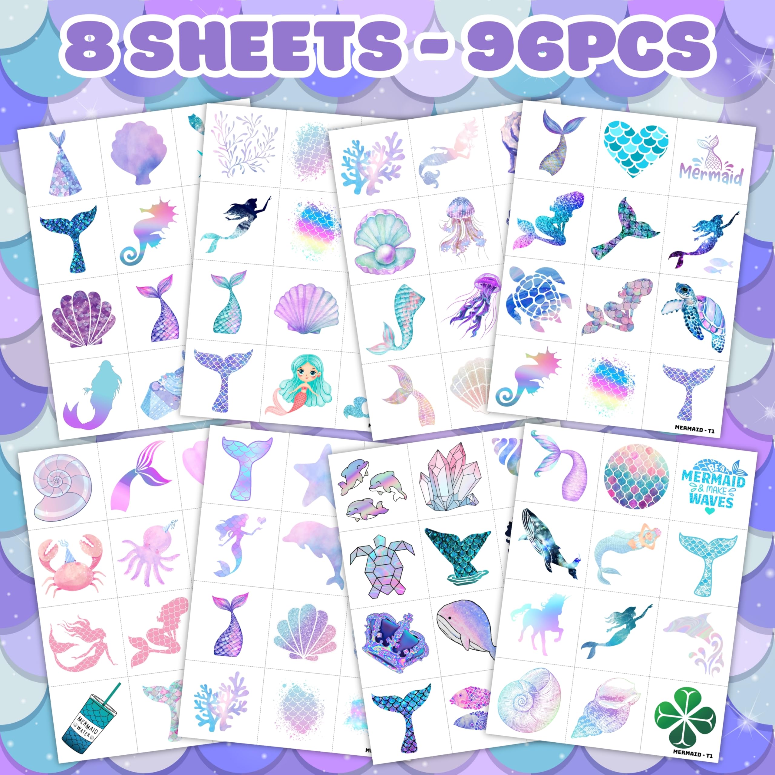 Mermaid 96PCS Pre-Cut Temporary Tattoos: ideal mermaid party decorations and gifts.