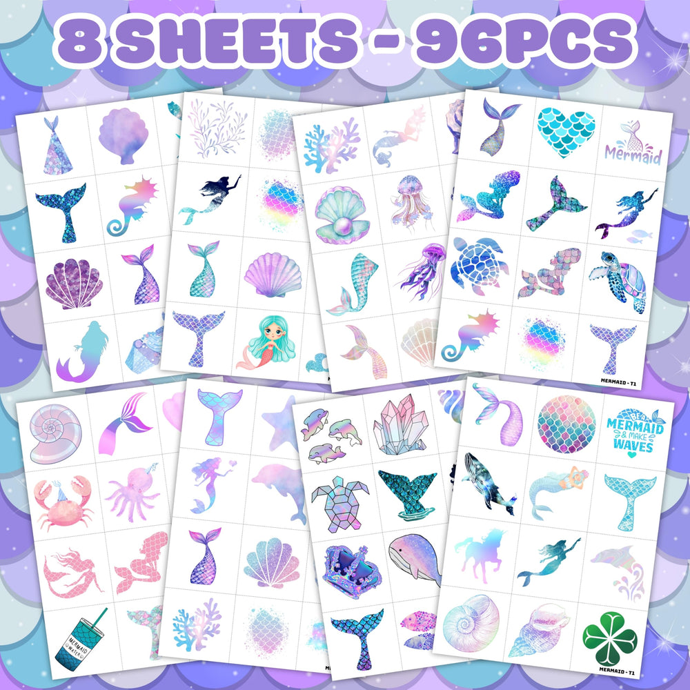 Mermaid 96PCS Pre-Cut Temporary Tattoos: ideal mermaid party decorations and gifts.