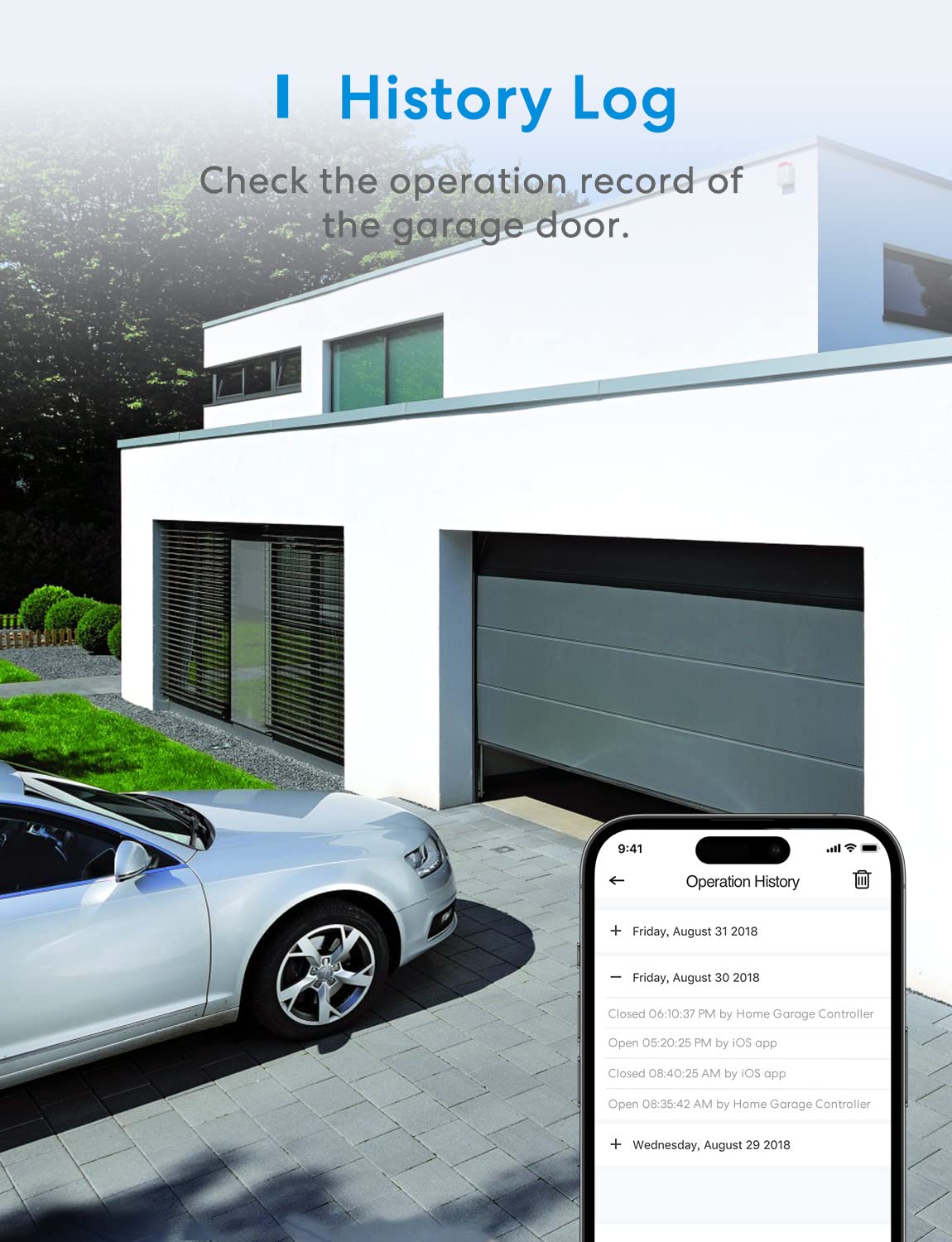 Meross remote shown with CarPlay and HomeKit integration for hands-free control.