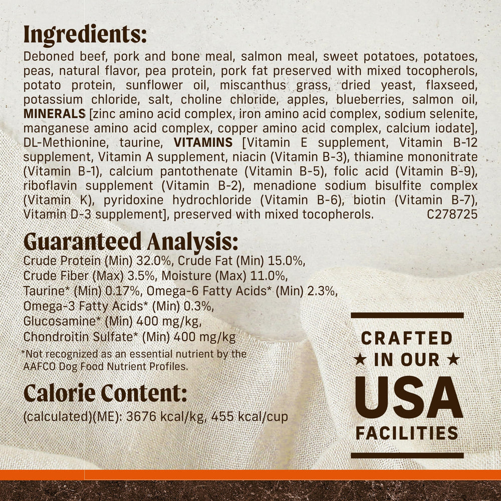 Merrick glucosamine and chondroitin support hips and joints in dry dog food.