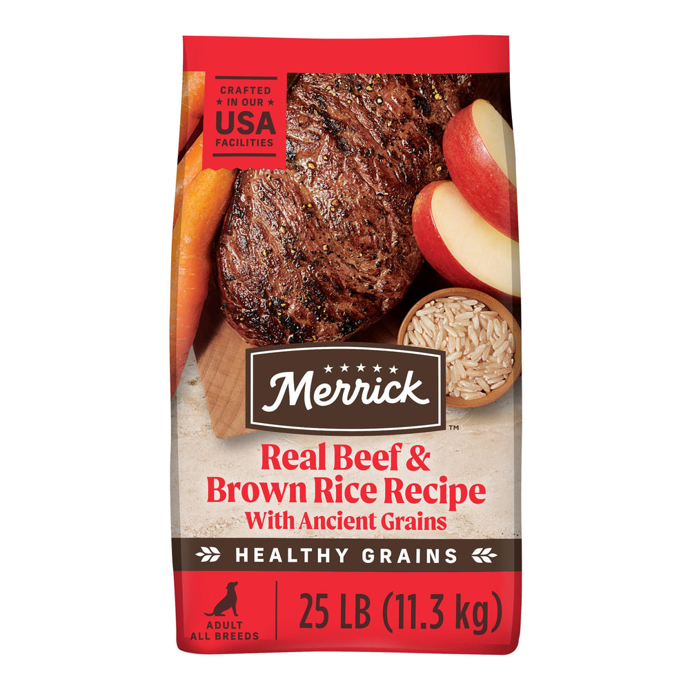 Merrick Healthy Grains packaging shows beef and brown rice nutrition for adult dogs