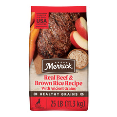 Merrick Healthy Grains packaging shows beef and brown rice nutrition for adult dogs