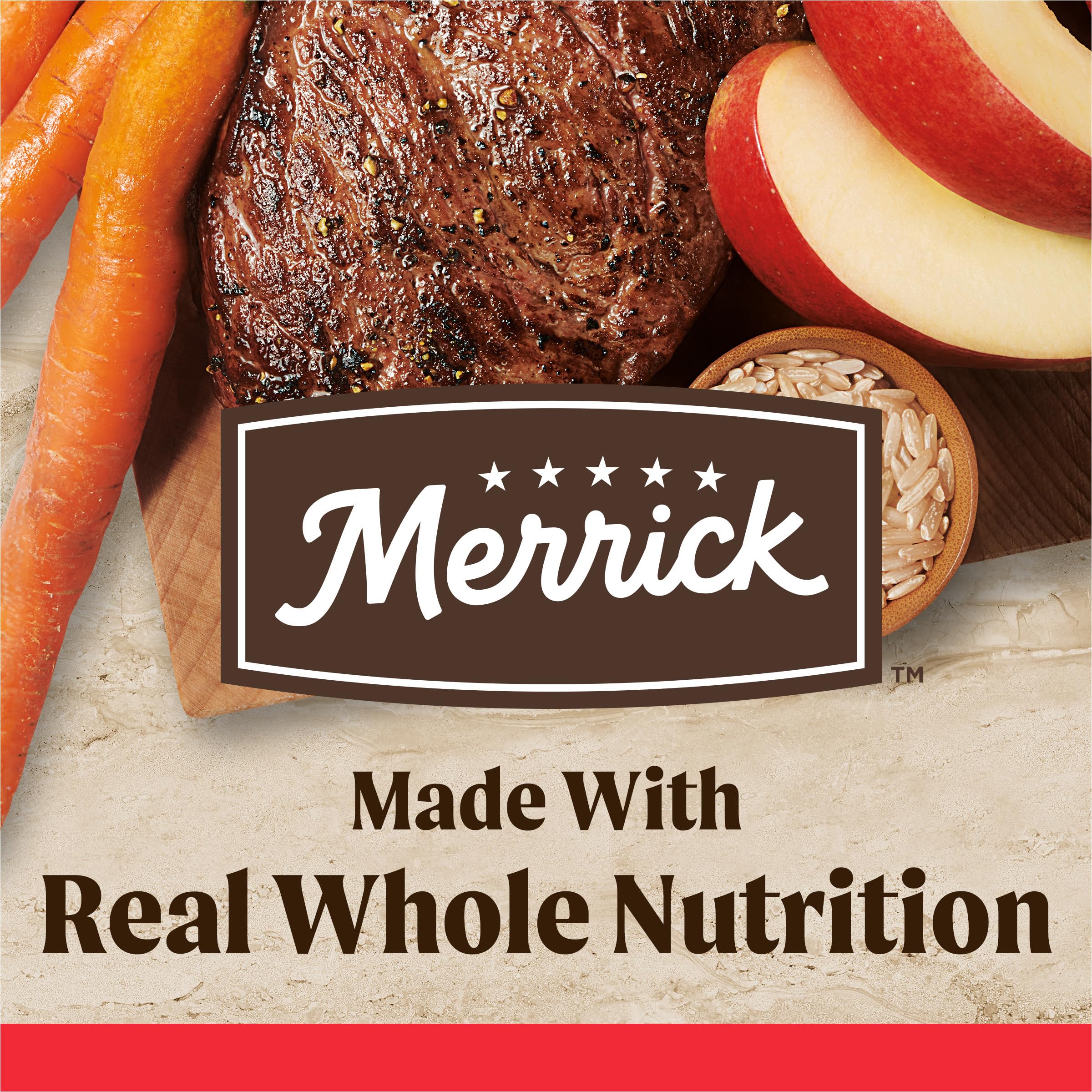 Merrick Healthy Grains close-up highlights real deboned beef as first ingredient