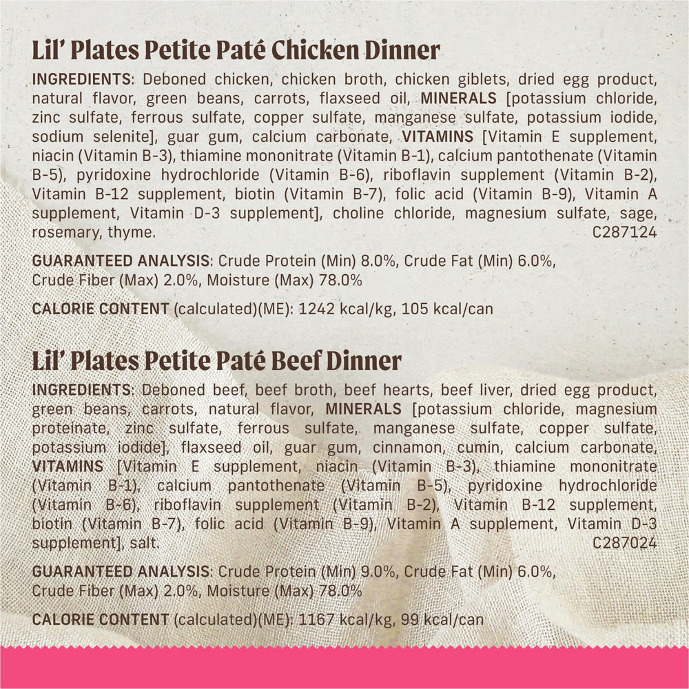 Merrick Lil’ Plates added vitamins and minerals support balanced nutrition.