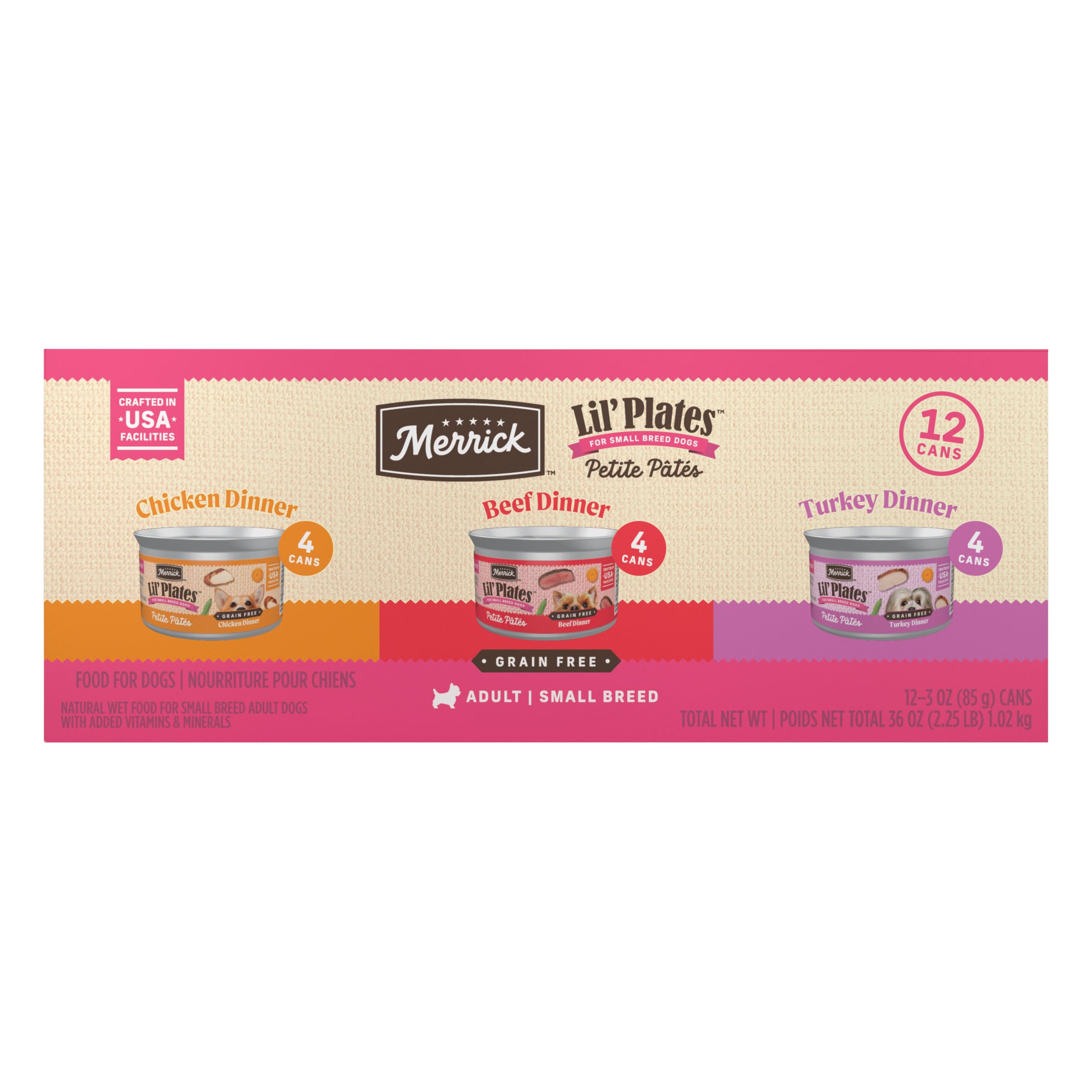 Merrick Lil’ Plates beef pate dinner 3oz can for small dogs, high-protein option.