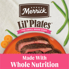 Merrick Lil’ Plates soft pate texture close-up, easy-savor for small dogs.