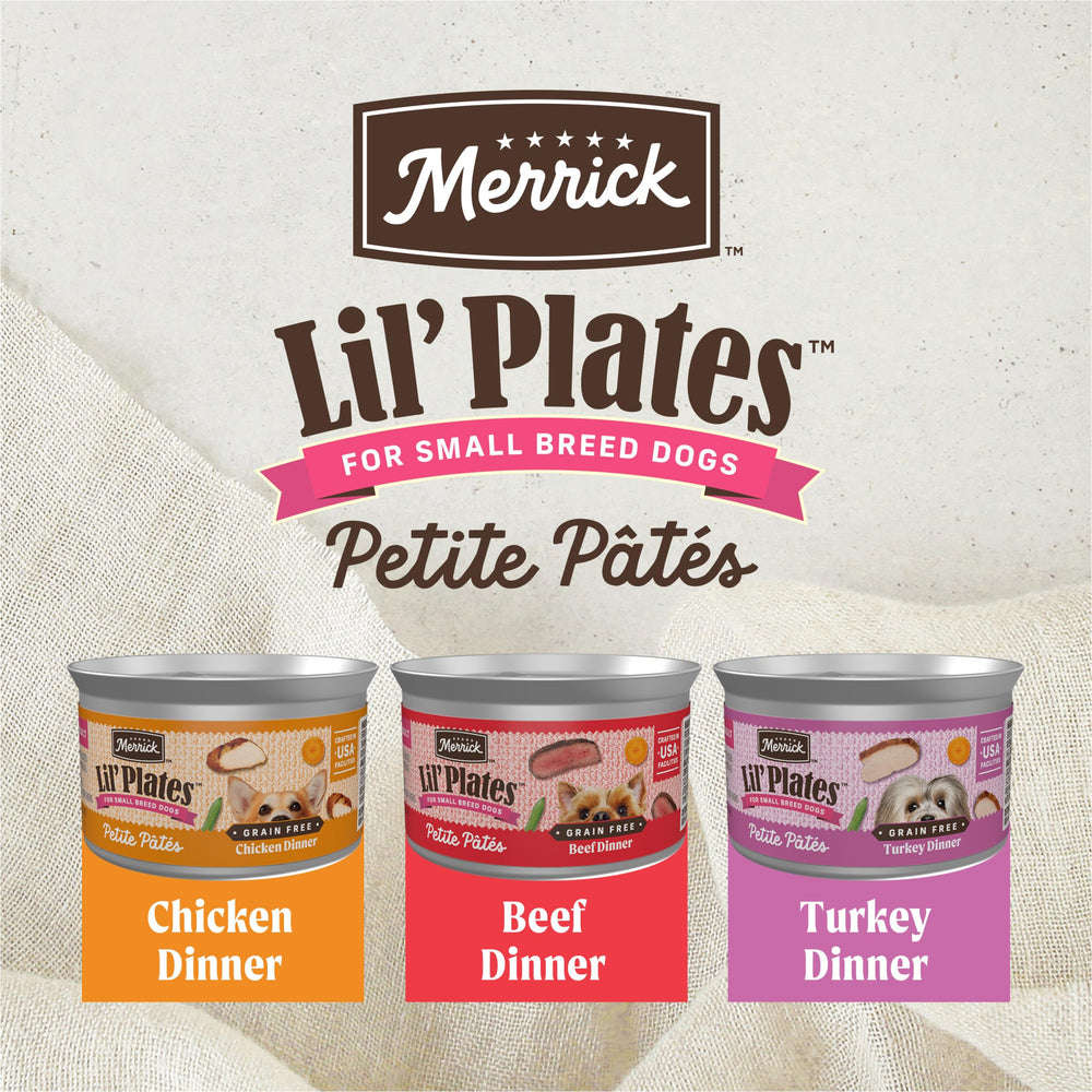 Merrick Lil’ Plates variety pack in 3oz cans for small breeds.