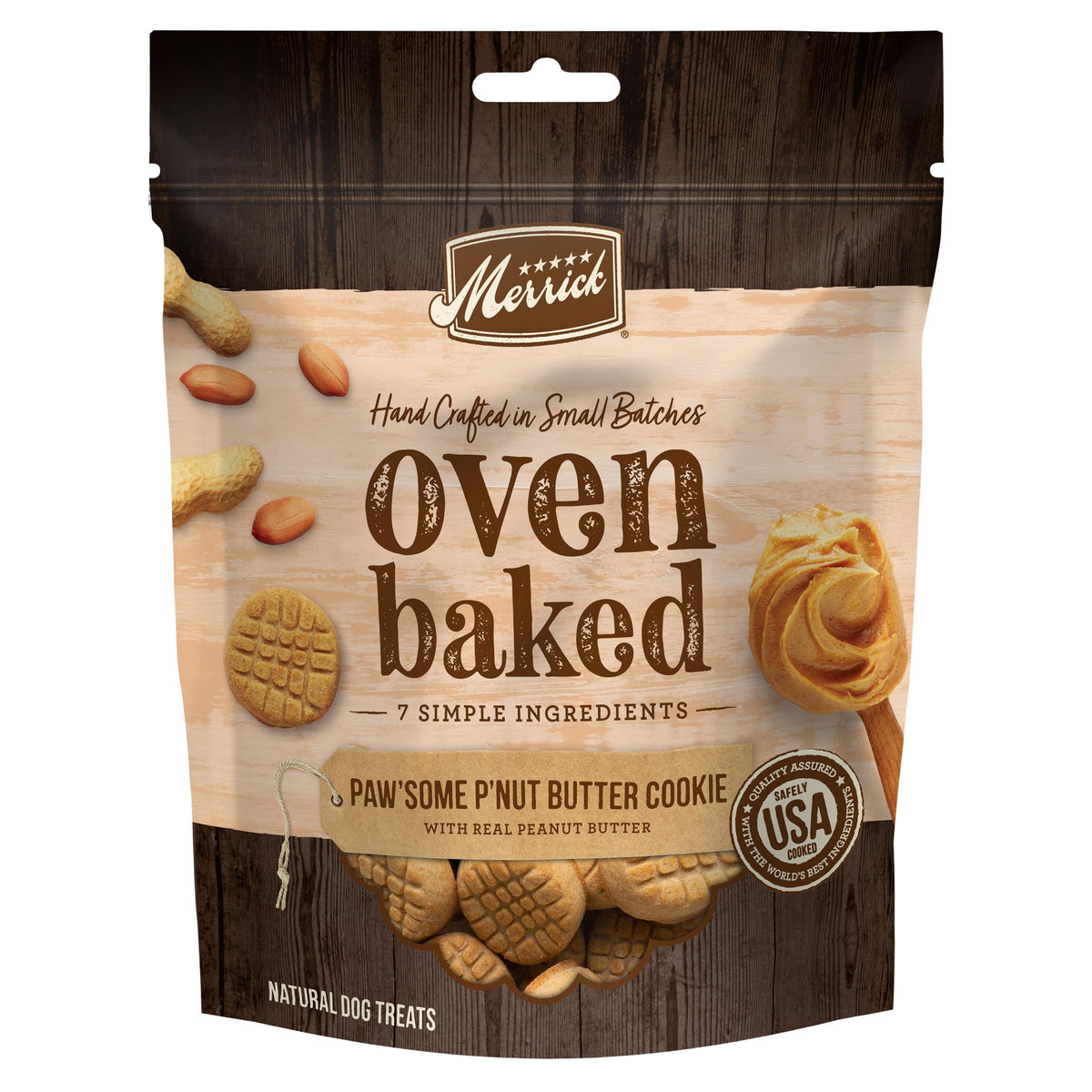Merrick Pawsome Pnut Butter Cookie crunch, oven-baked dog treat for all sizes.
