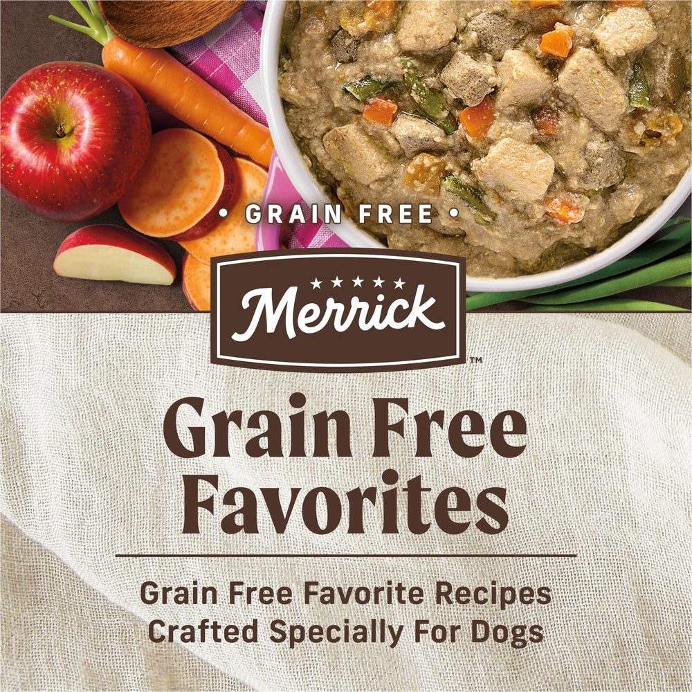 Merrick Pot Pie can showing grain-free formula and real carrots and beans