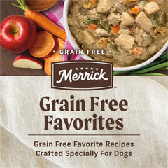 Merrick Pot Pie can showing grain-free formula and real carrots and beans