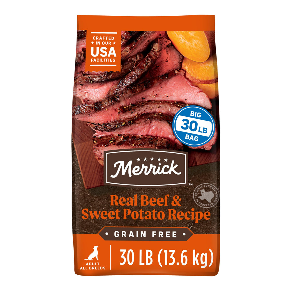 Merrick premium grain free dry dog food bag front showing Texas beef and sweet potato.