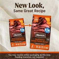 Merrick real deboned beef kibble close up highlighting high protein sourcing for adult dogs.