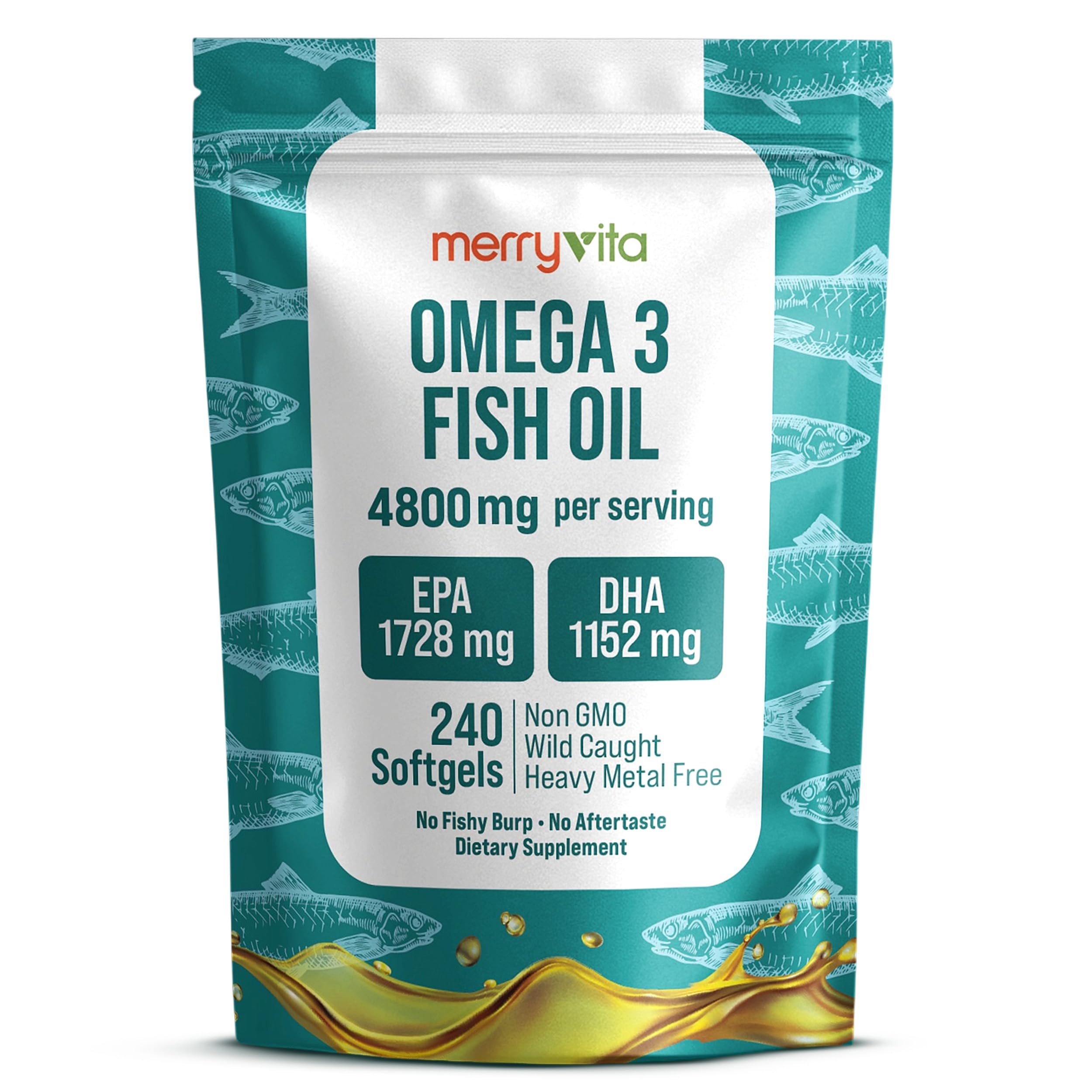 Merry Vita Omega-3 fish oil bottle showing concentrated EPA and DHA for daily heart and brain support