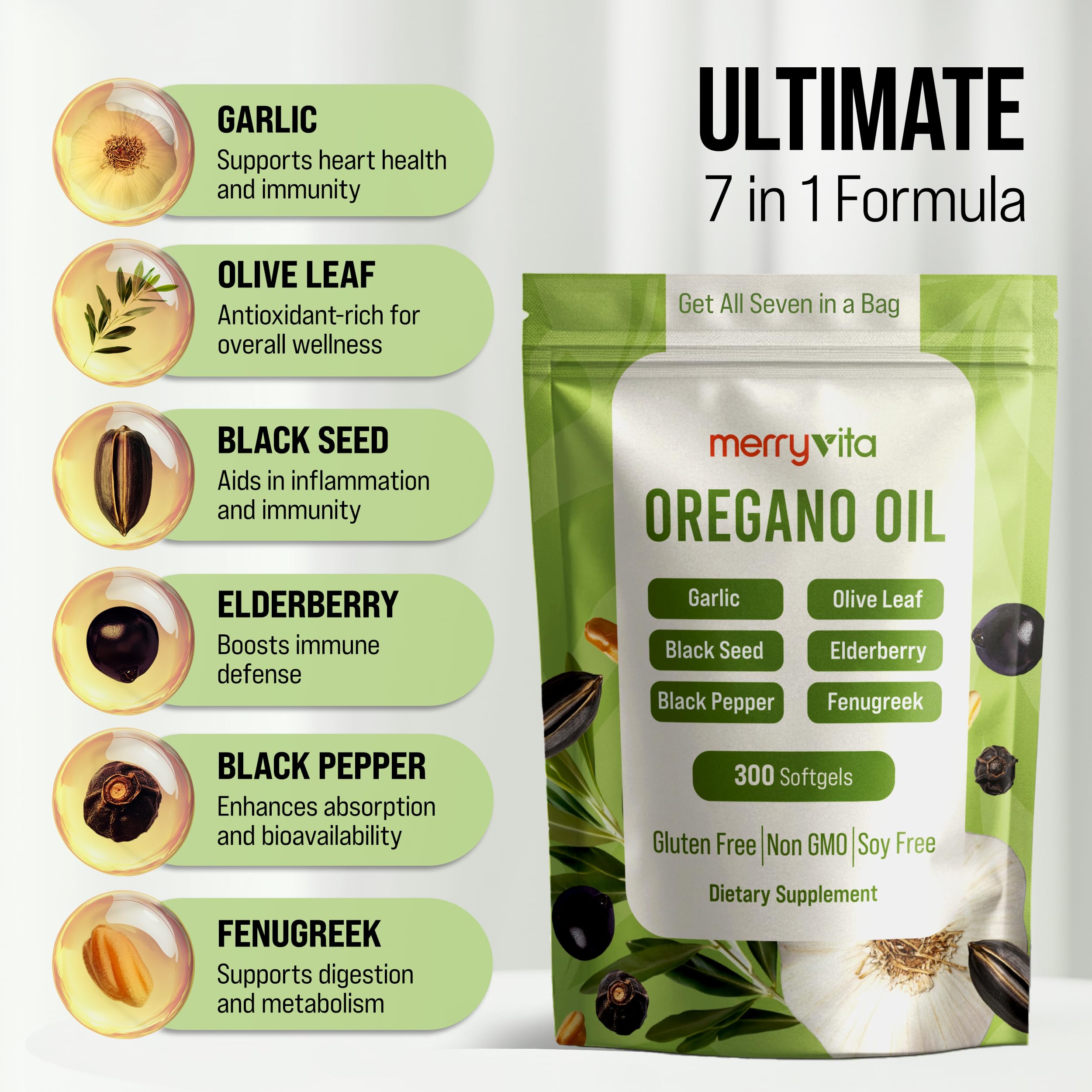 Merryvita oregano oil capsules featuring 7-in-1 blend with black seed oil and garlic