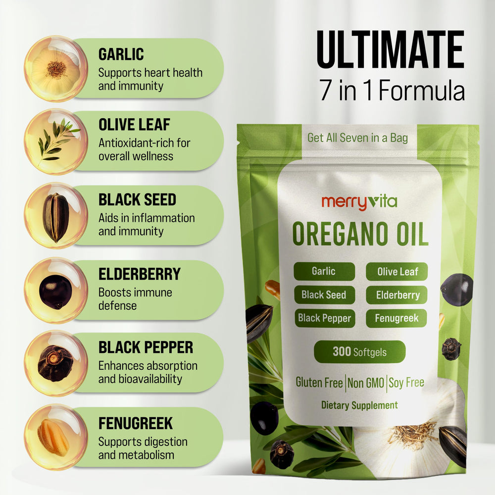 Merryvita oregano oil capsules featuring 7-in-1 blend with black seed oil and garlic