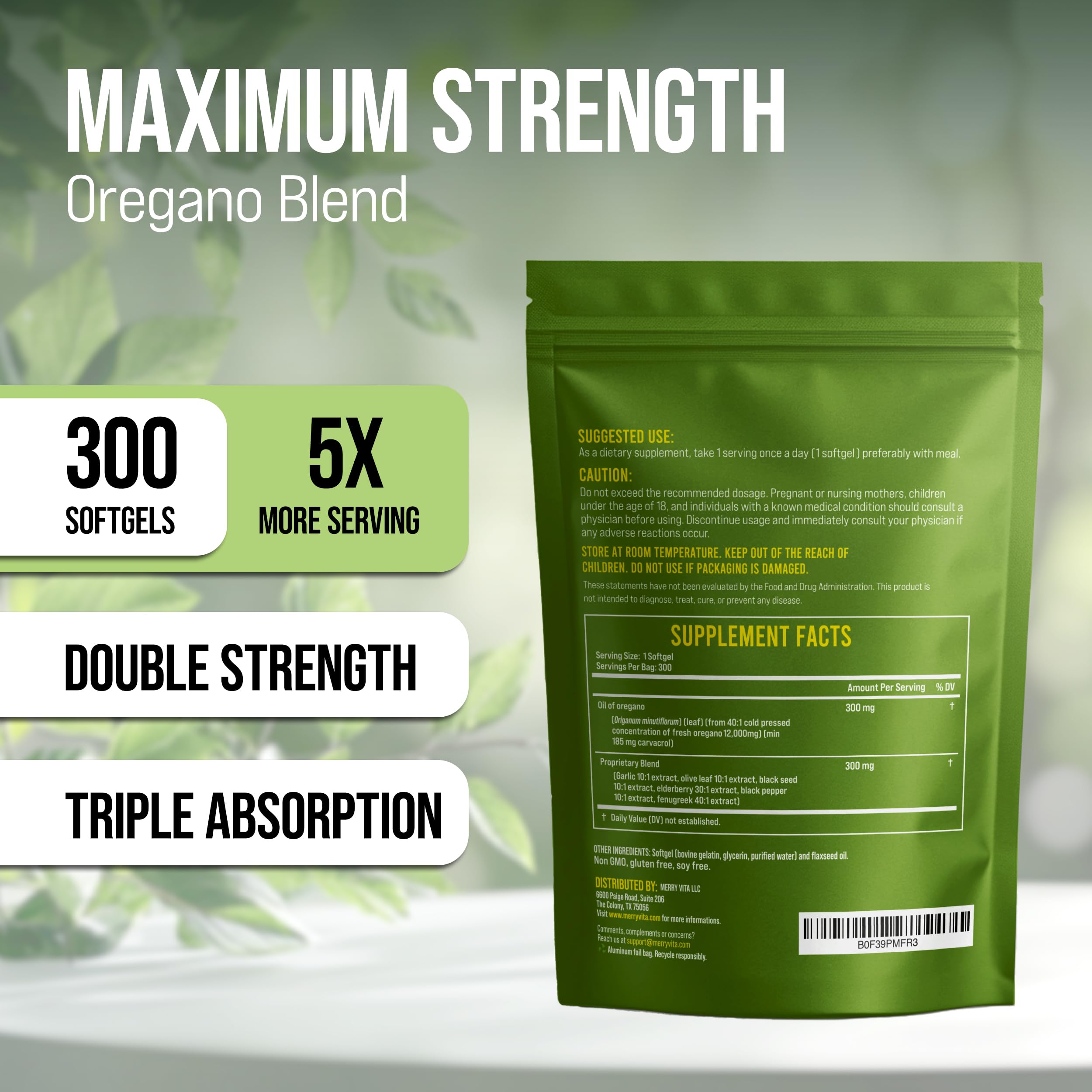 Merryvita oregano oil capsules label showing organic, non-GMO ingredients
