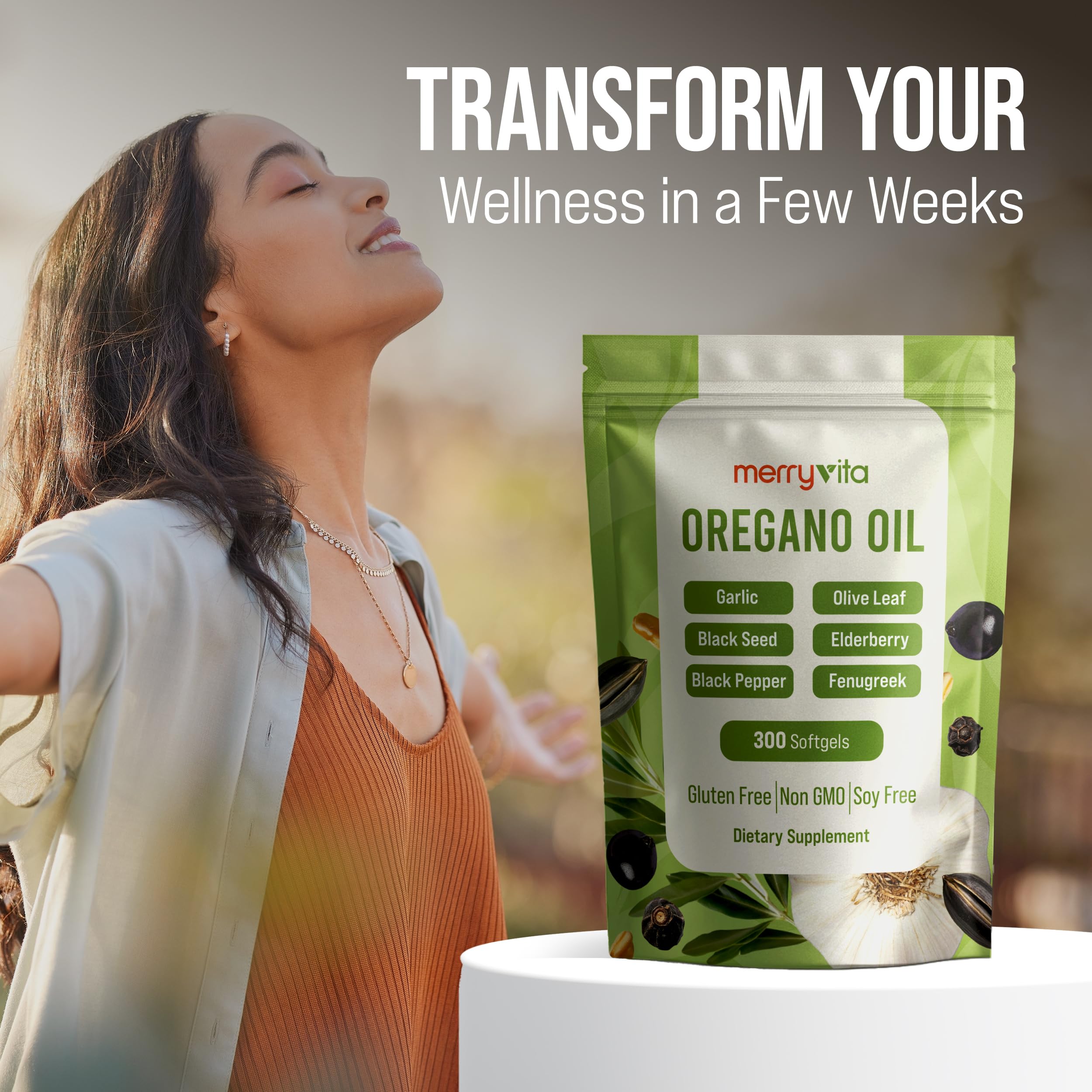 Merryvita oregano oil capsules packaging on shelf for everyday routines