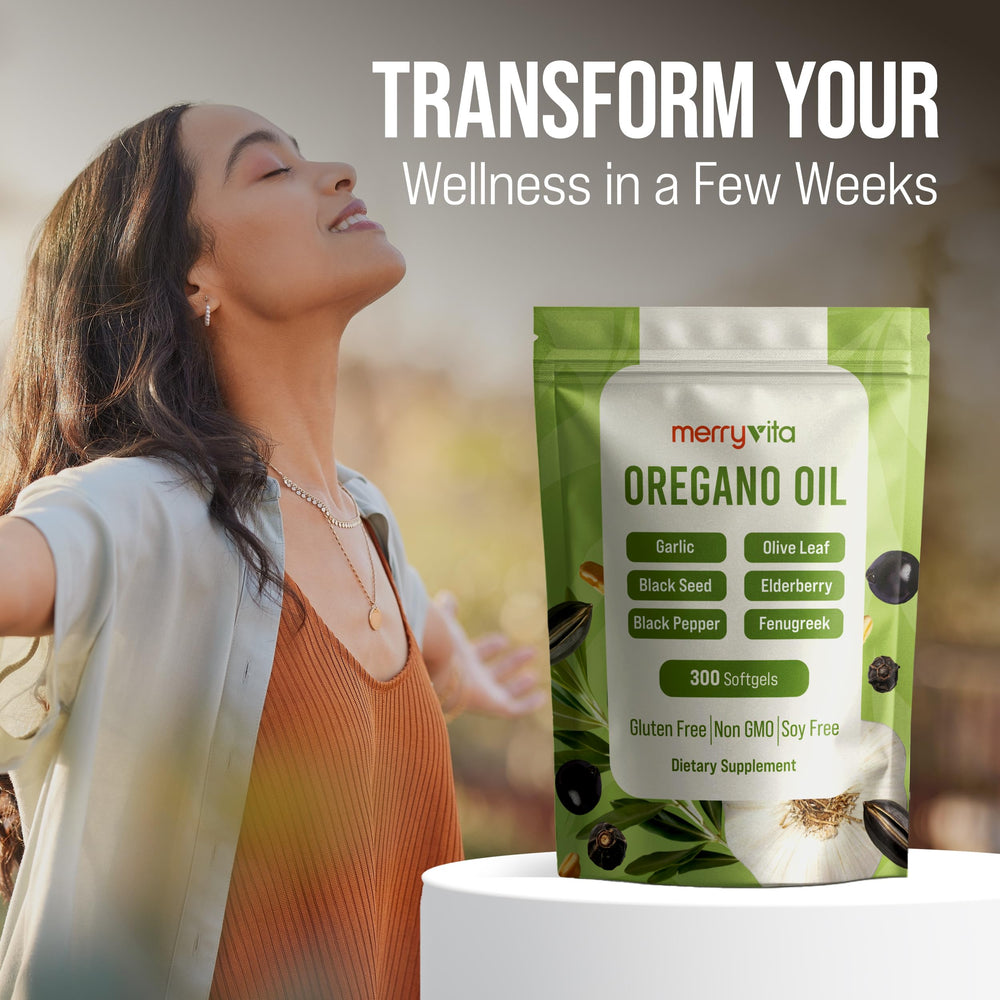 Merryvita oregano oil capsules packaging on shelf for everyday routines