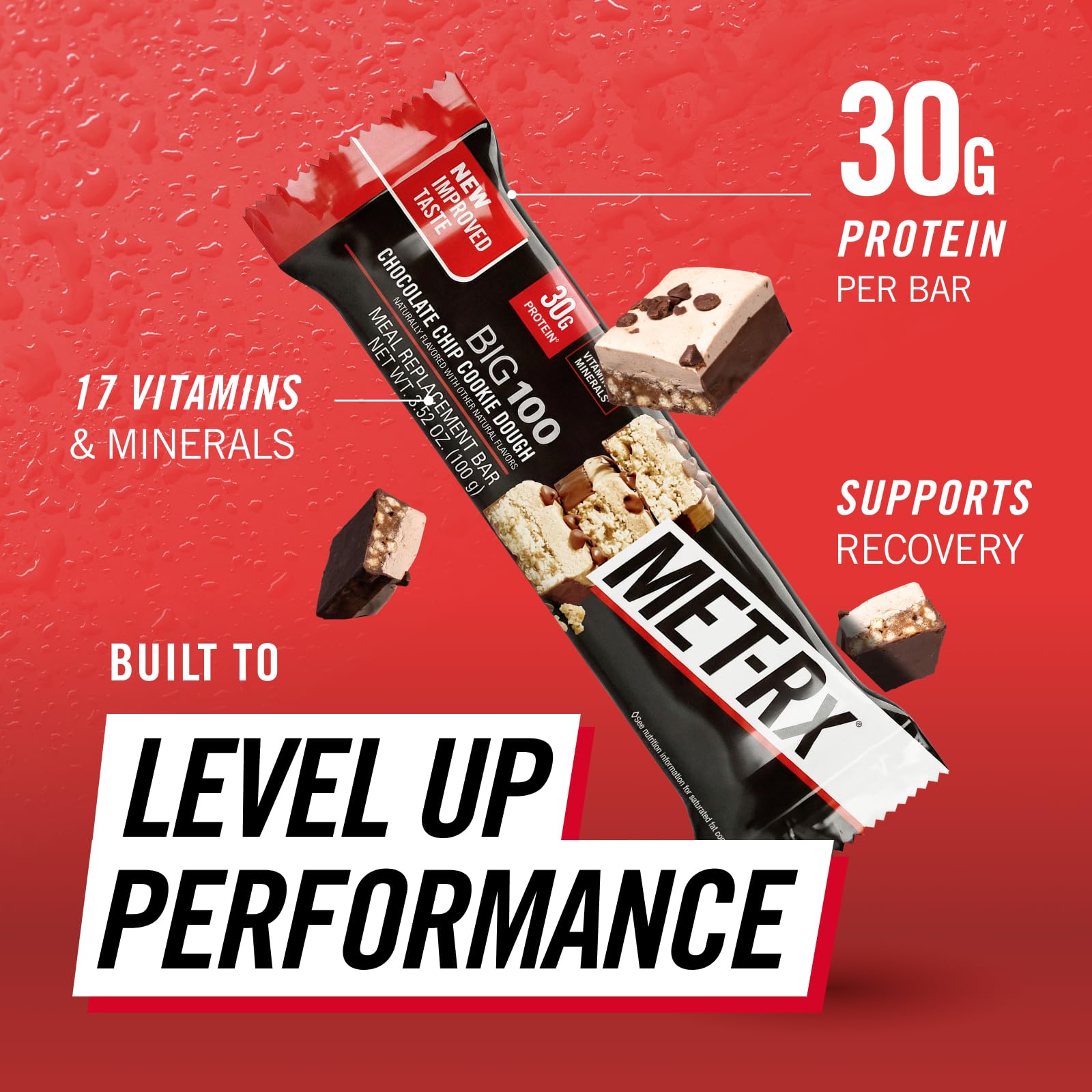 Closeup of MET-Rx Big 100 Bar with chocolate chip cookie dough texture.