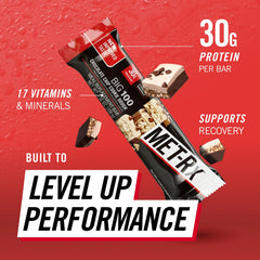 Closeup of MET-Rx Big 100 Bar with chocolate chip cookie dough texture.