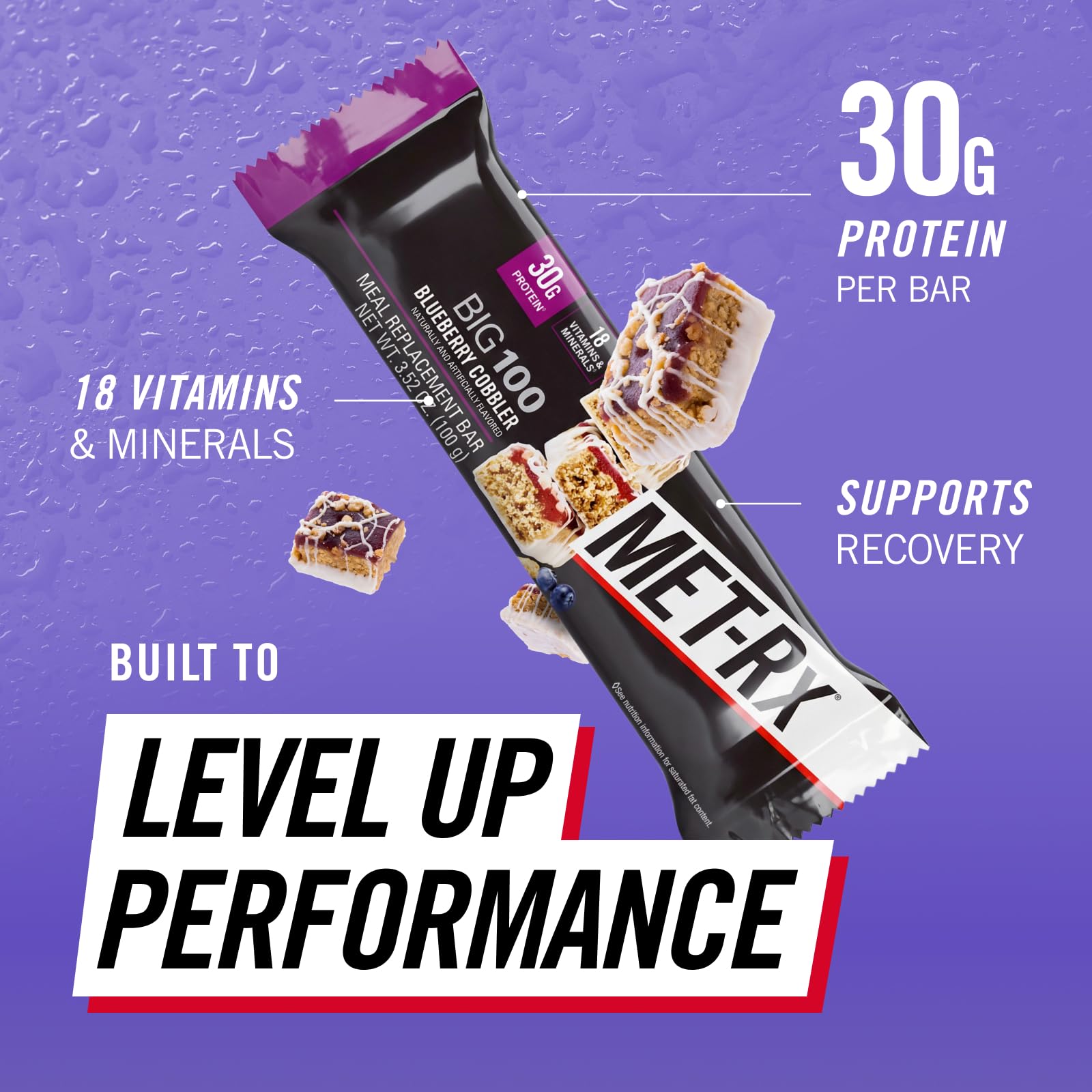 MET-Rx Big 100 Colossal bar close-up highlighting protein-packed blueberry cobbler